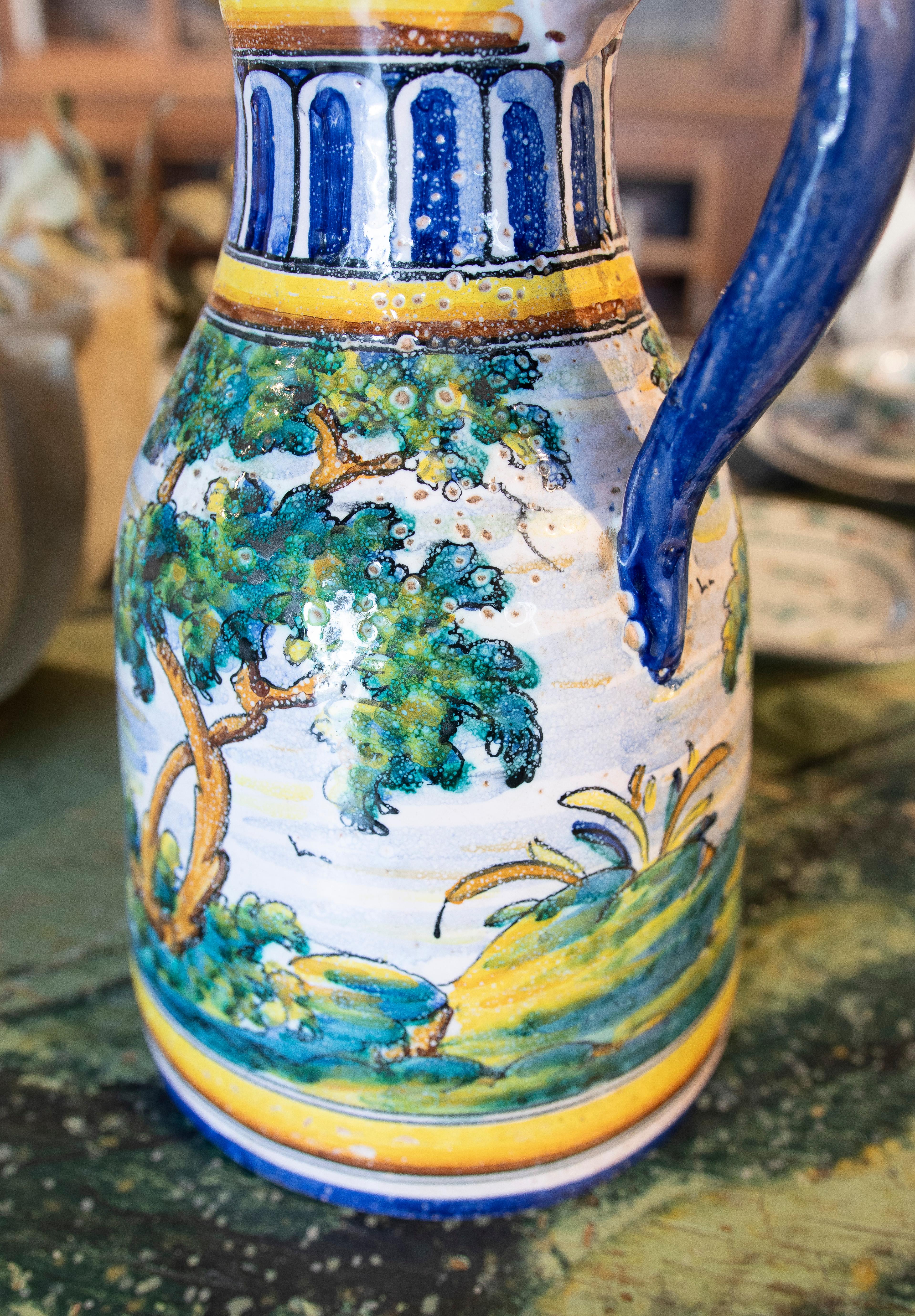 Spanish Hand-Painted Talavera Ceramic Jug of Landscape with Trees For Sale 11