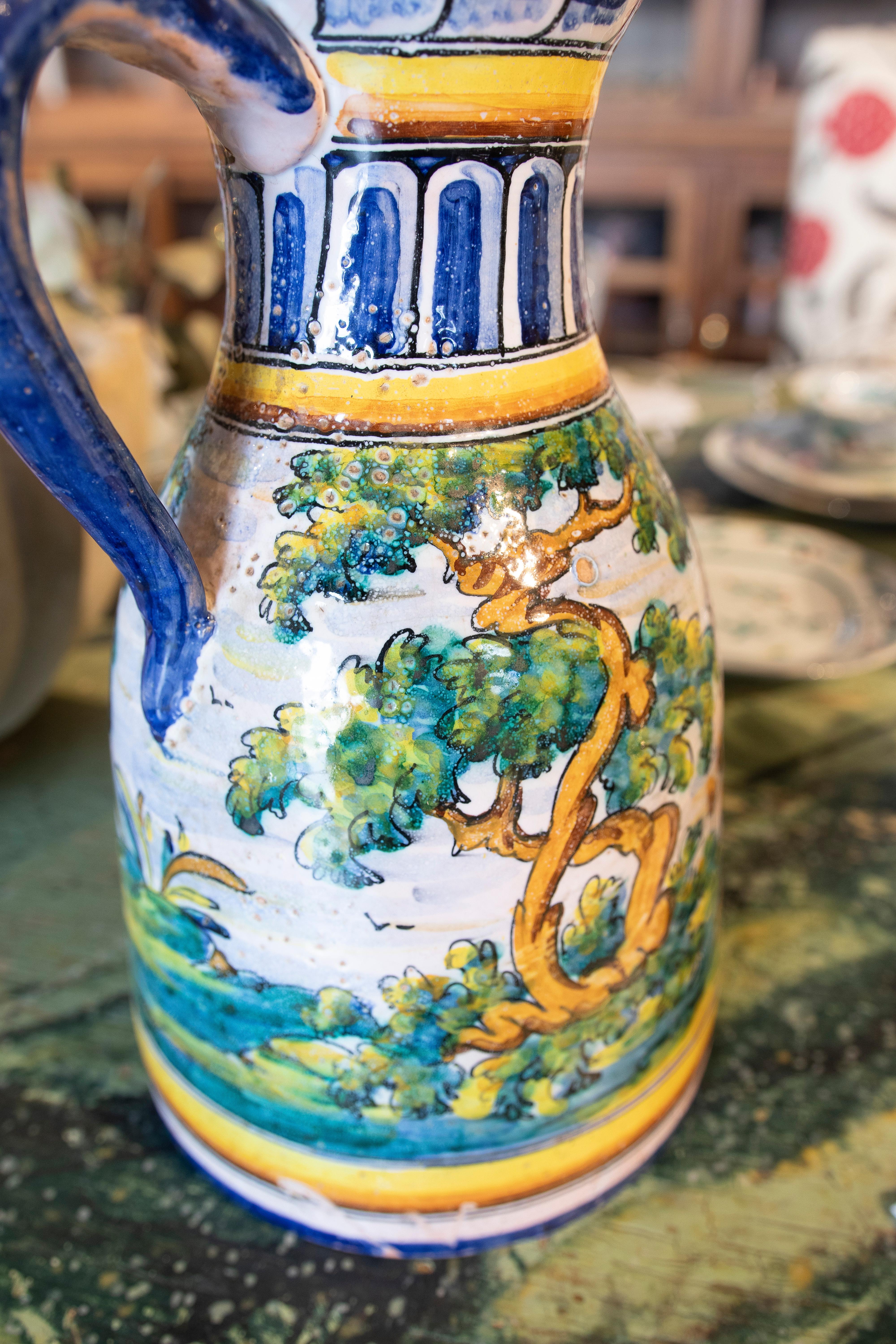 Spanish Hand-Painted Talavera Ceramic Jug of Landscape with Trees For Sale 12