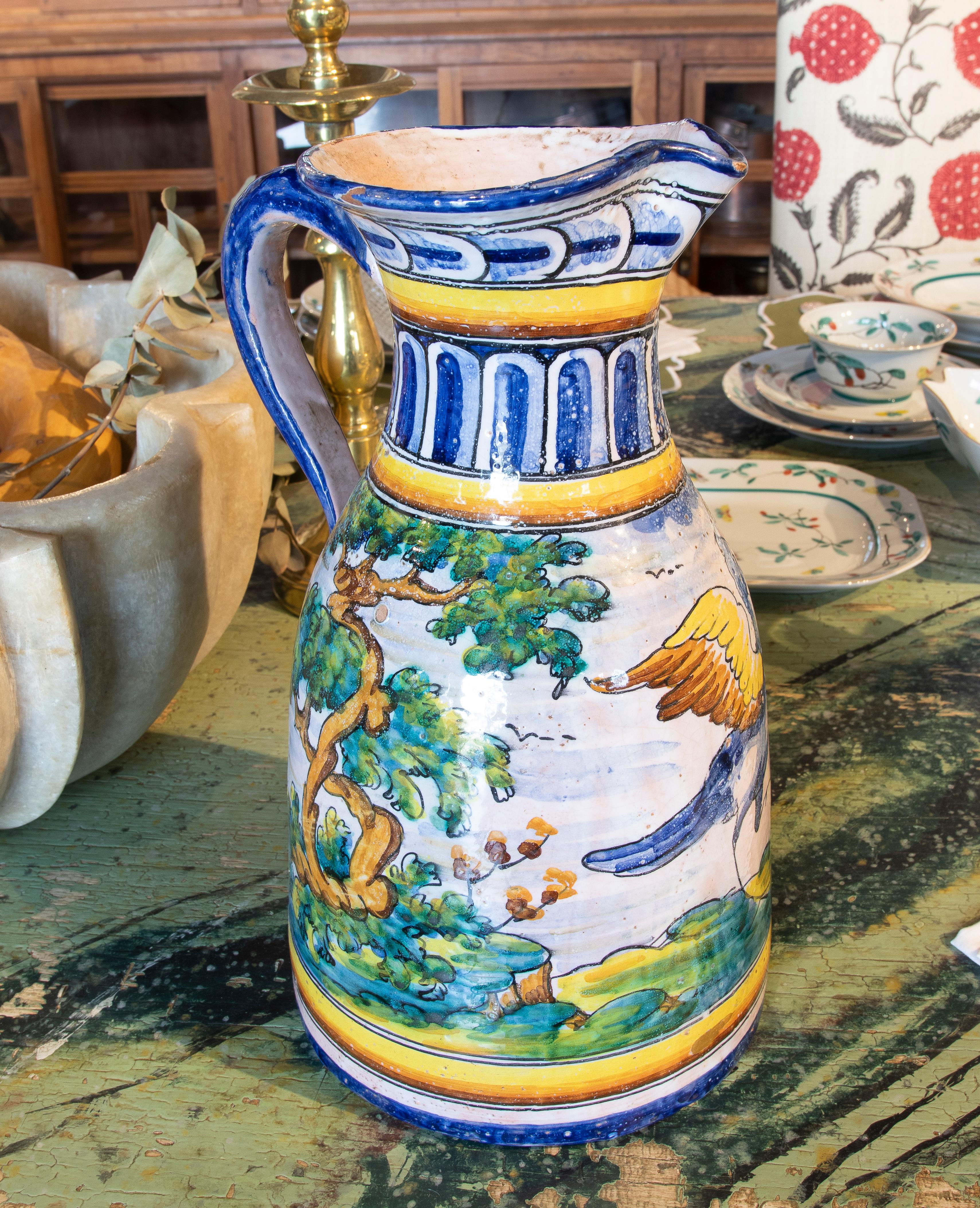 Glazed Spanish Hand-Painted Talavera Ceramic Jug of Landscape with Trees For Sale