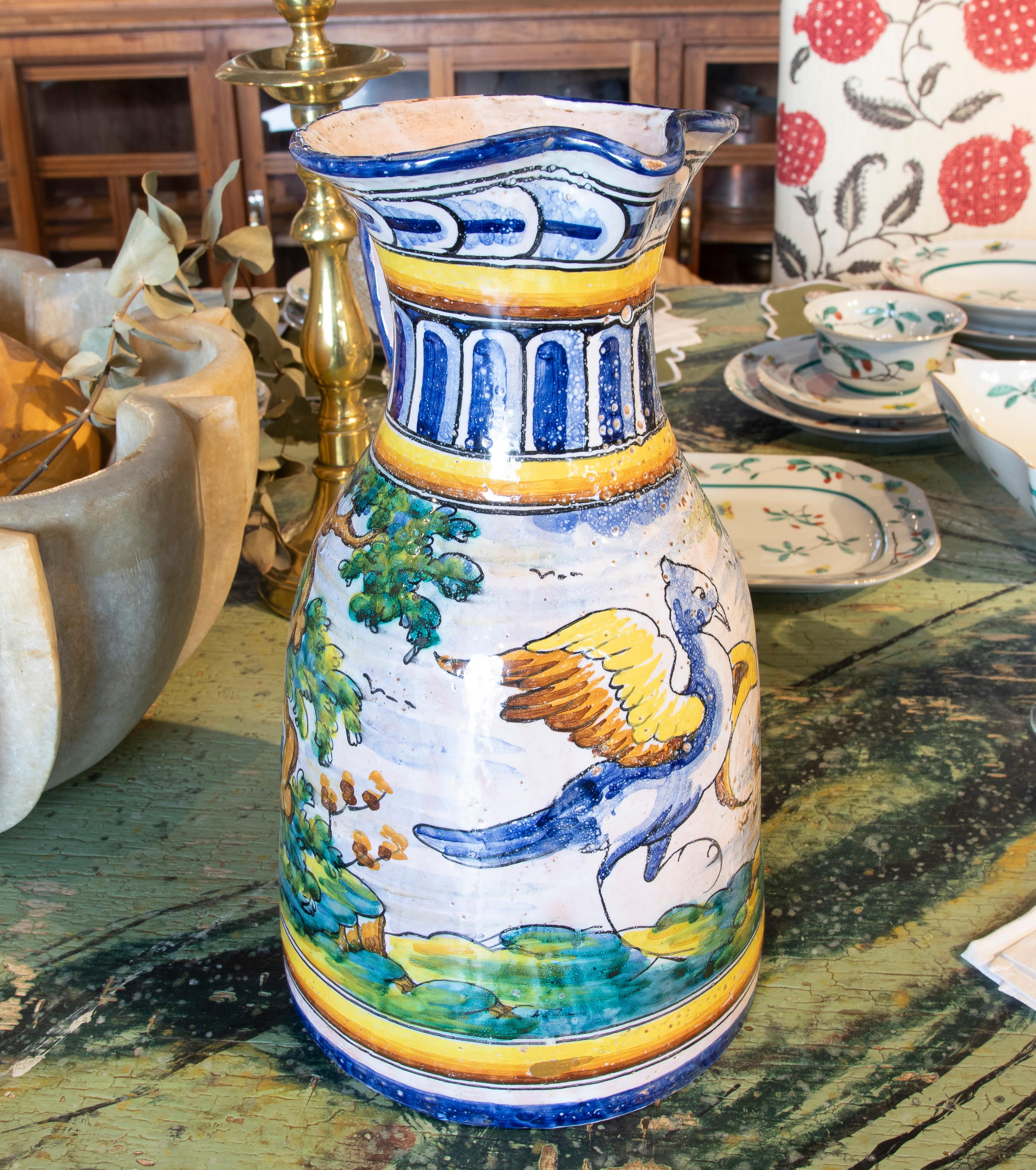 Spanish Hand-Painted Talavera Ceramic Jug of Landscape with Trees In Good Condition For Sale In Marbella, ES