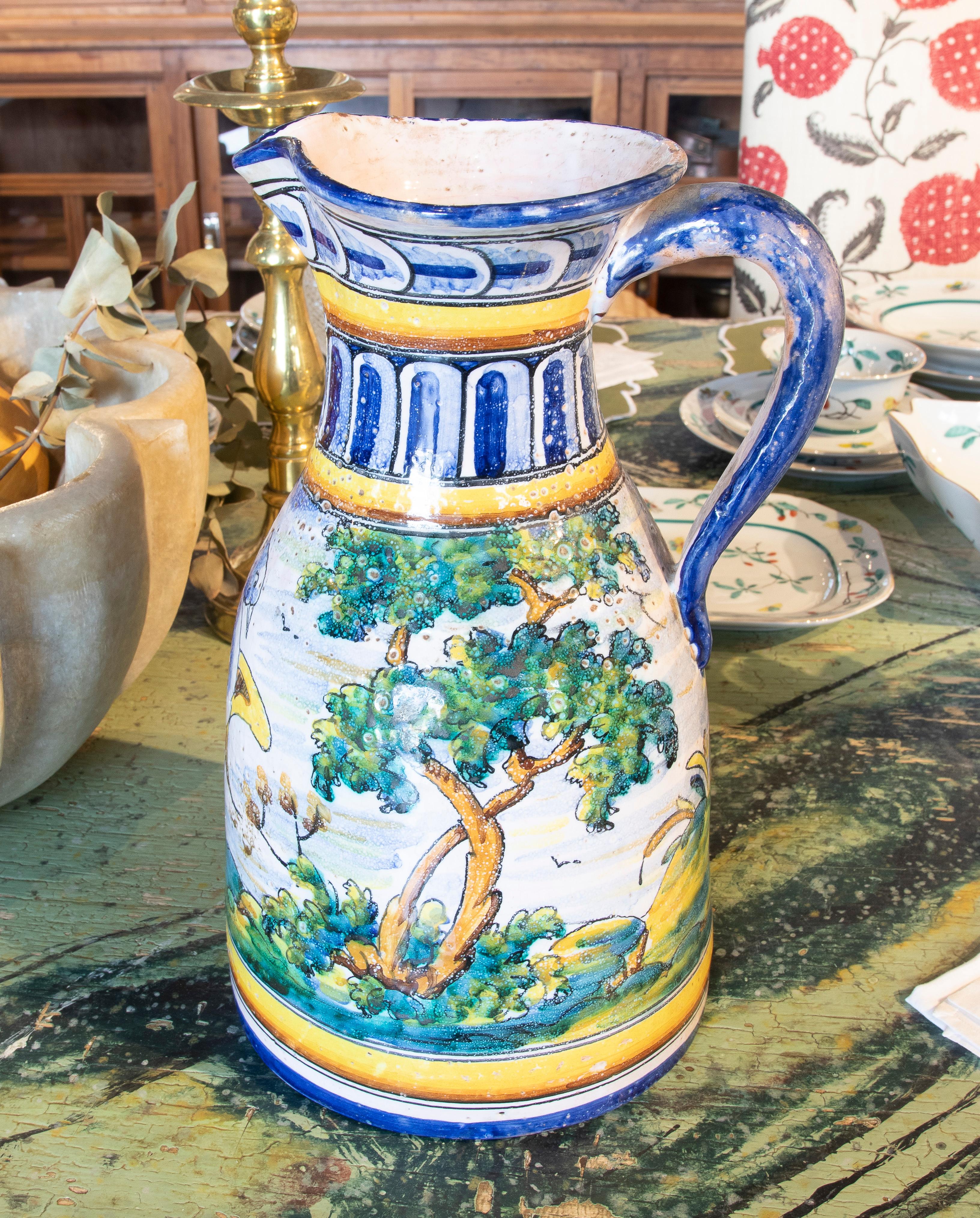 Spanish Hand-Painted Talavera Ceramic Jug of Landscape with Trees For Sale 2