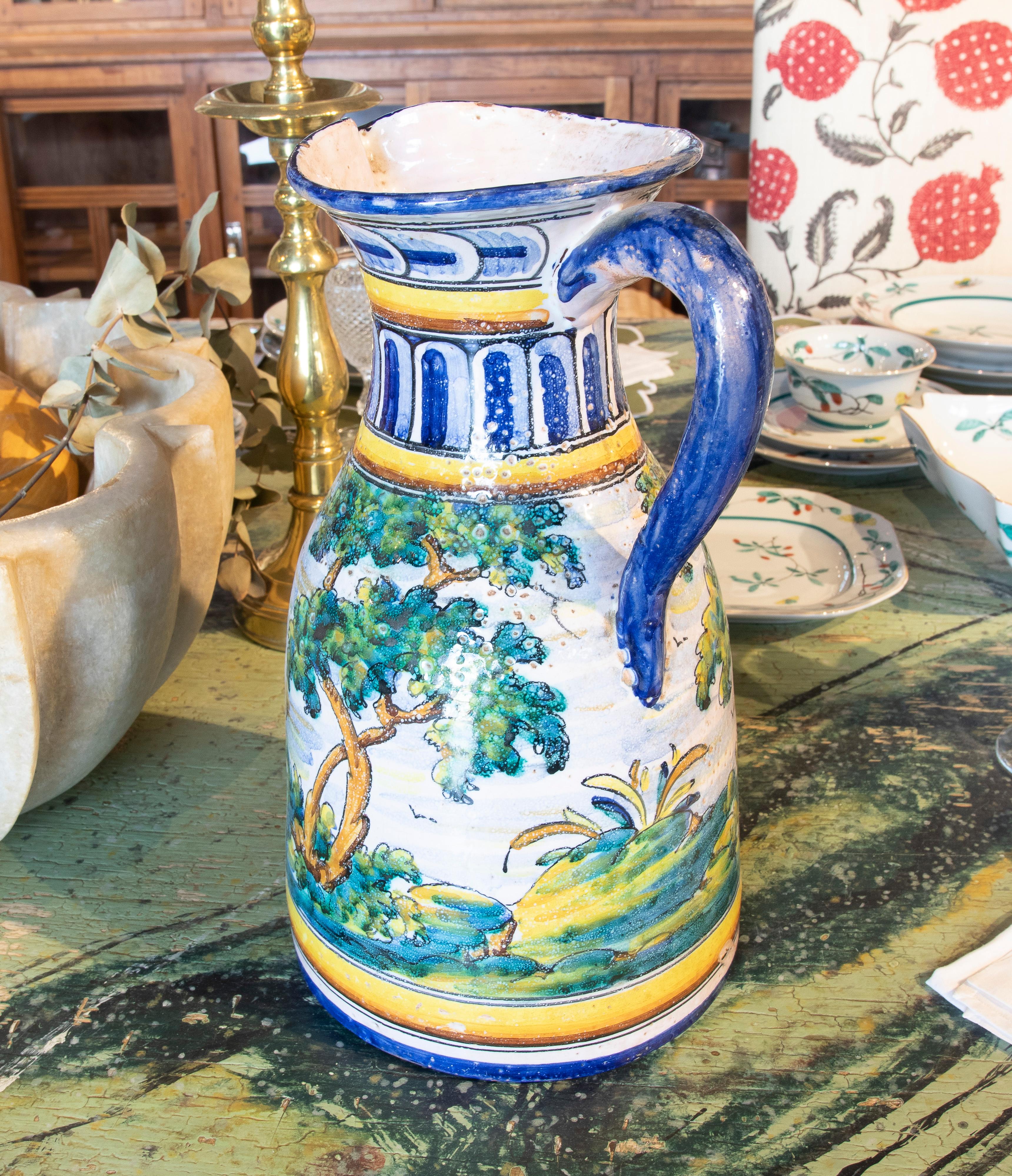Spanish Hand-Painted Talavera Ceramic Jug of Landscape with Trees For Sale 3