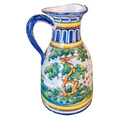 Spanish Hand-Painted Talavera Ceramic Jug of Landscape with Trees