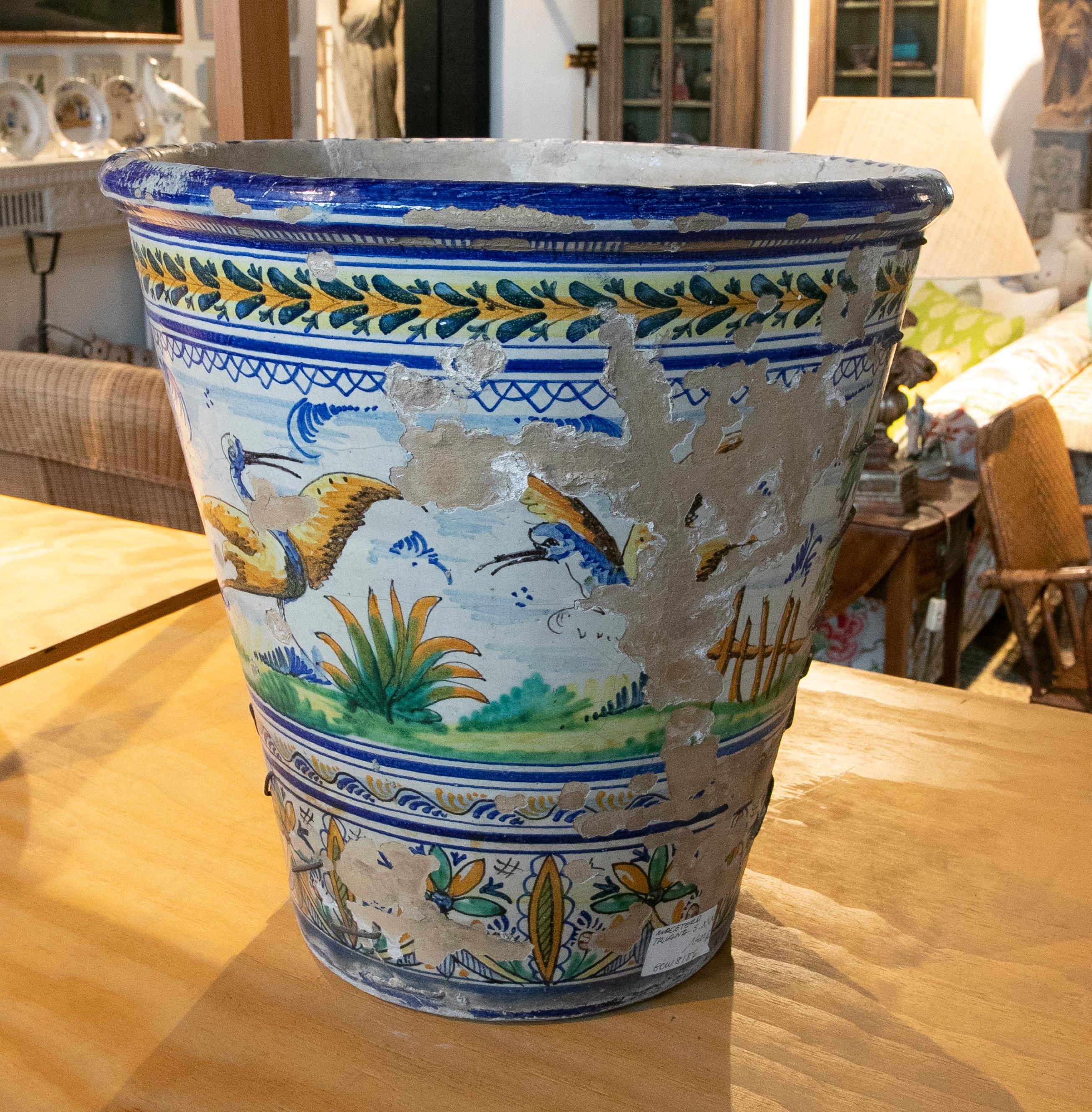 Hand-Painted Spanish Hand Painted Triana Ceramic Flowerpot For Sale