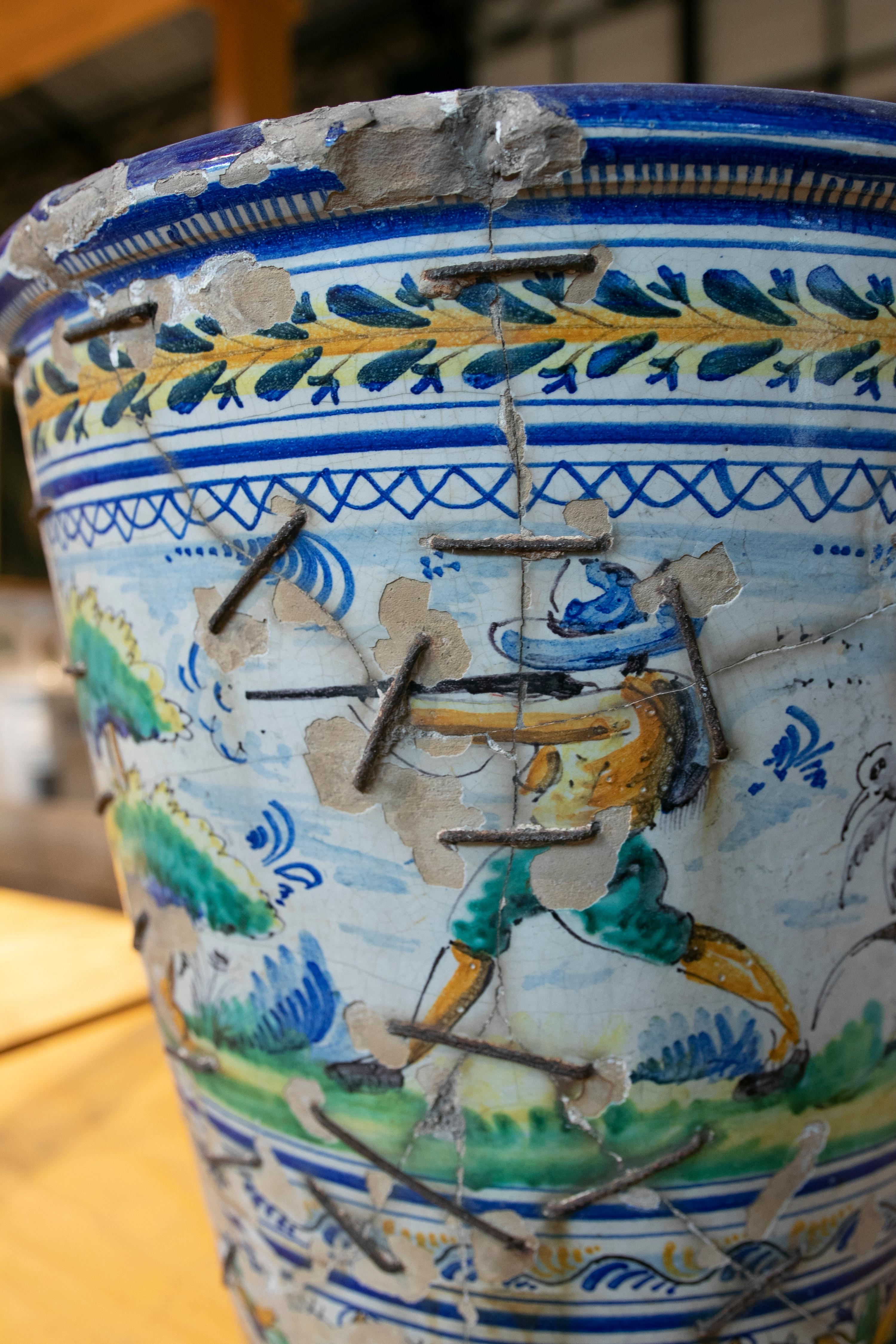 Spanish Hand Painted Triana Ceramic Flowerpot For Sale 1