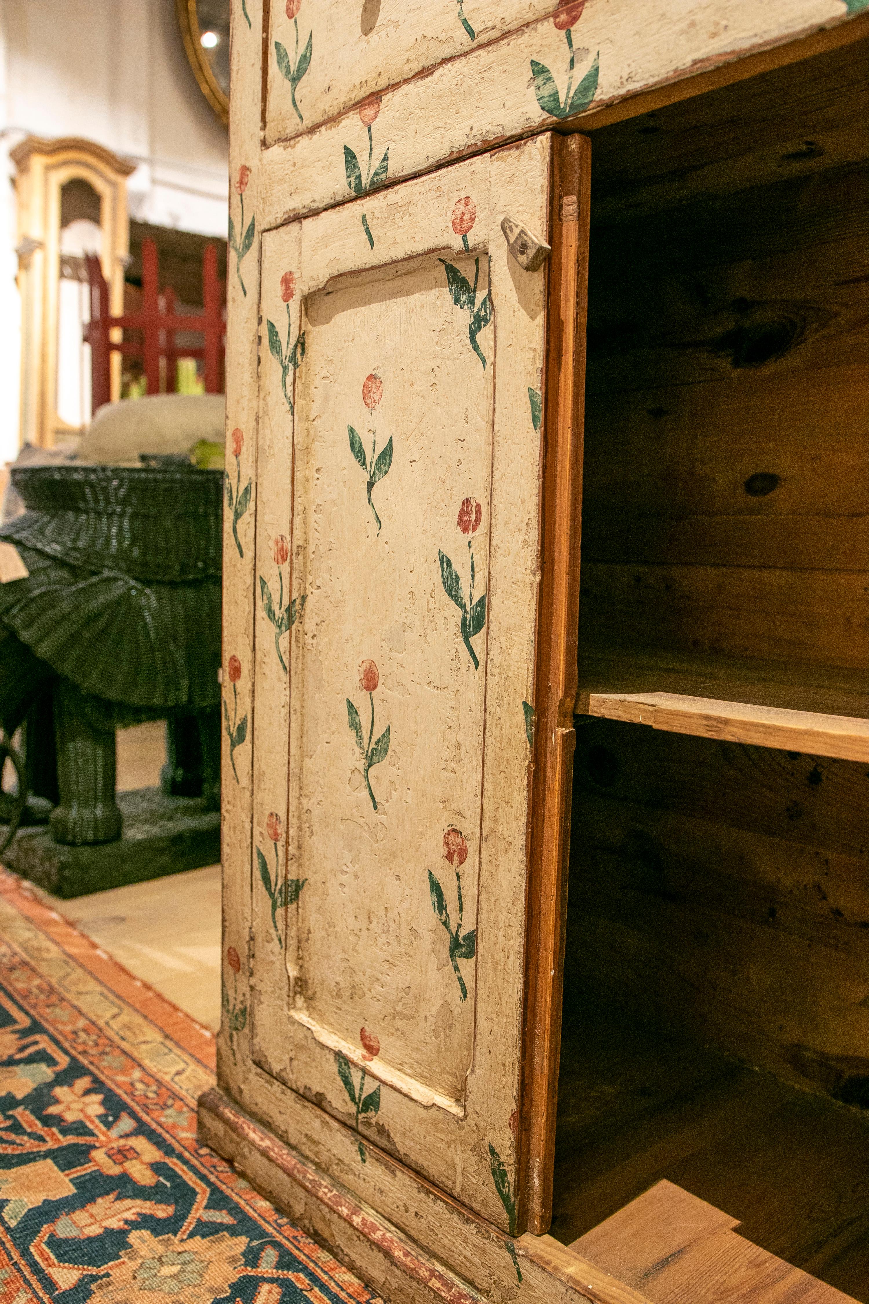 Spanish Hand-Painted Wooden Cabinet with Drawer and Doors with Flowers 2