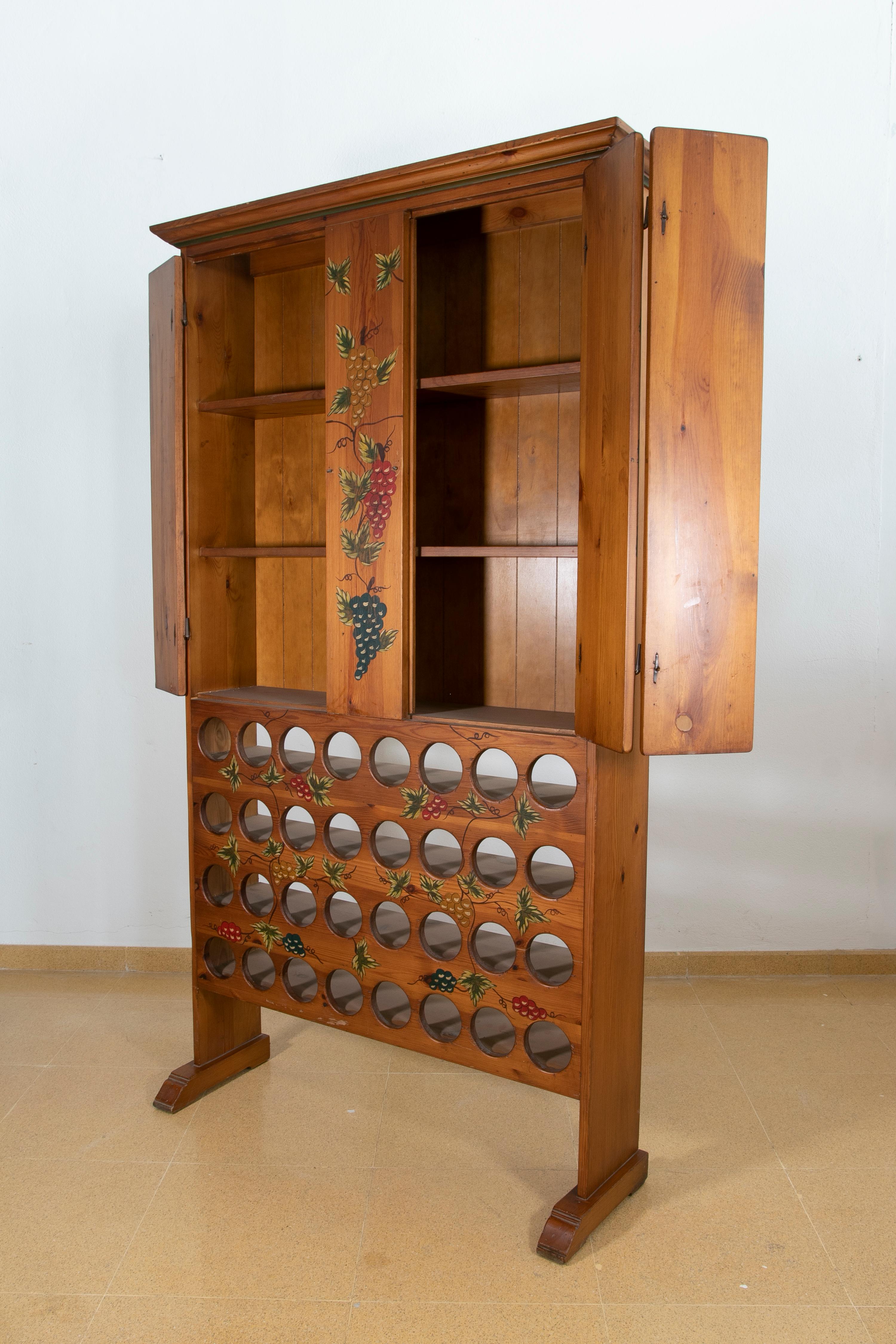 Hand-Carved Spanish Hand Painted Wooden Wine Bottle Cabinet and Doors For Sale