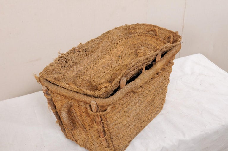 Spanish Handwoven Basket with Lid, Trapezoidal Shaped Body and Natural