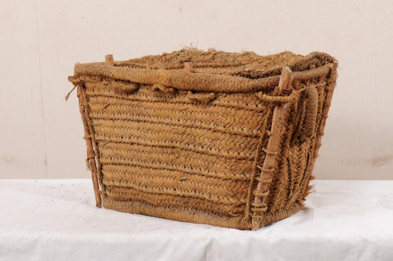 Spanish Handwoven Basket with Lid, Trapezoidal Shaped Body and Natural