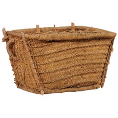 Vintage Spanish Handwoven Basket with Lid, Trapezoidal Shaped Body and Natural Fibers