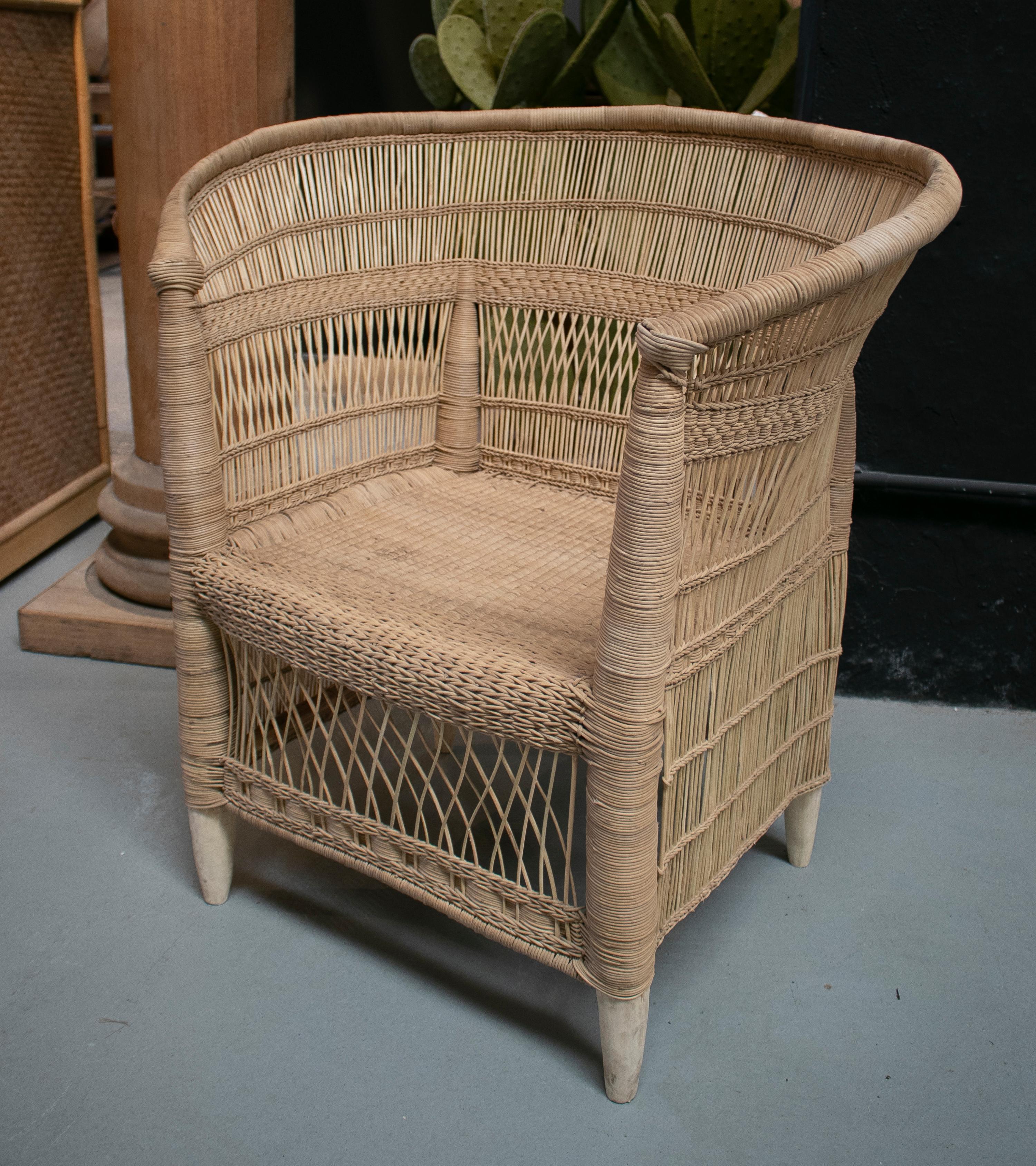 Spanish Hand Woven Rattan Armchair & Low Puff Stool In Good Condition In Marbella, ES