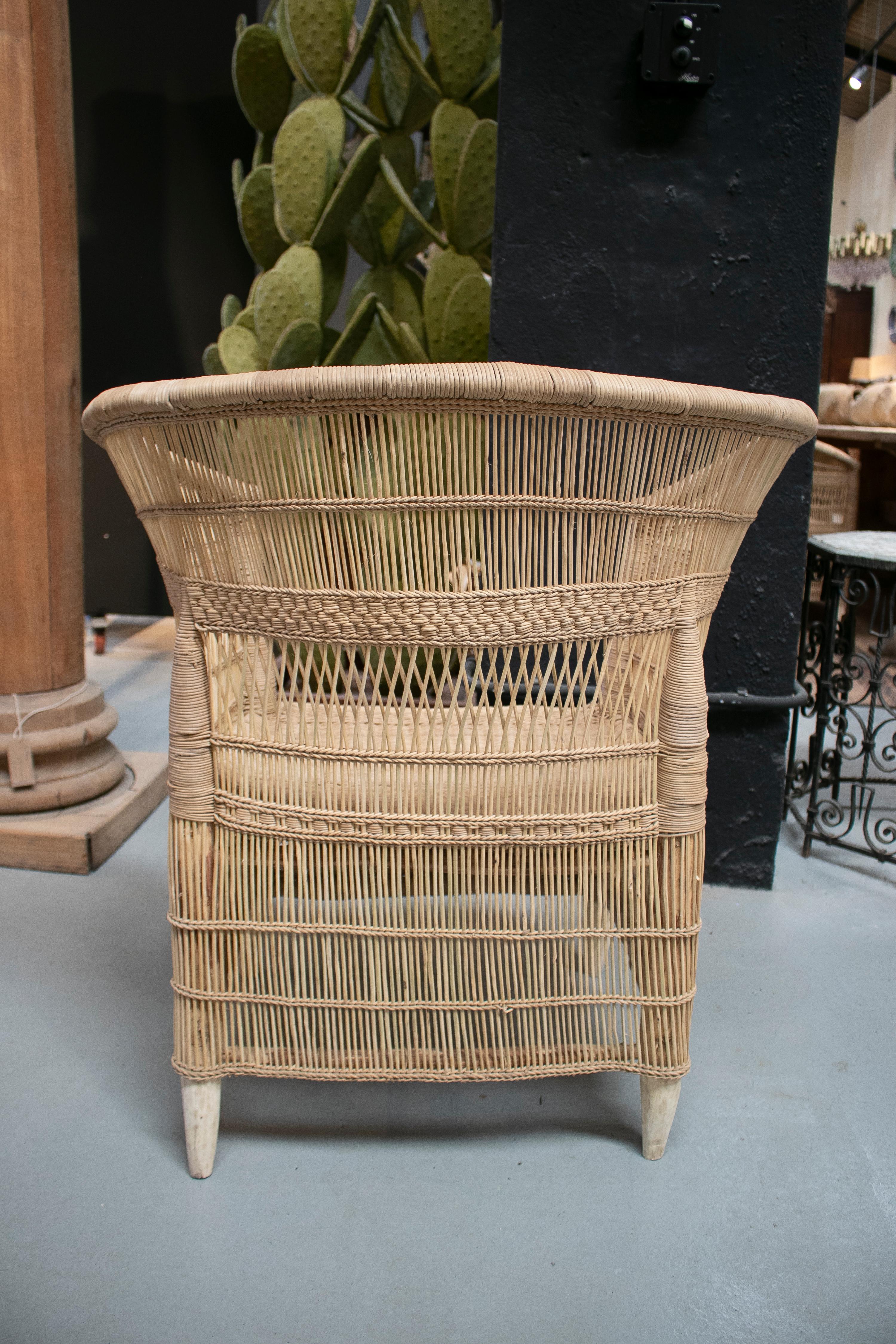 Contemporary Spanish Hand Woven Rattan Armchair & Low Puff Stool