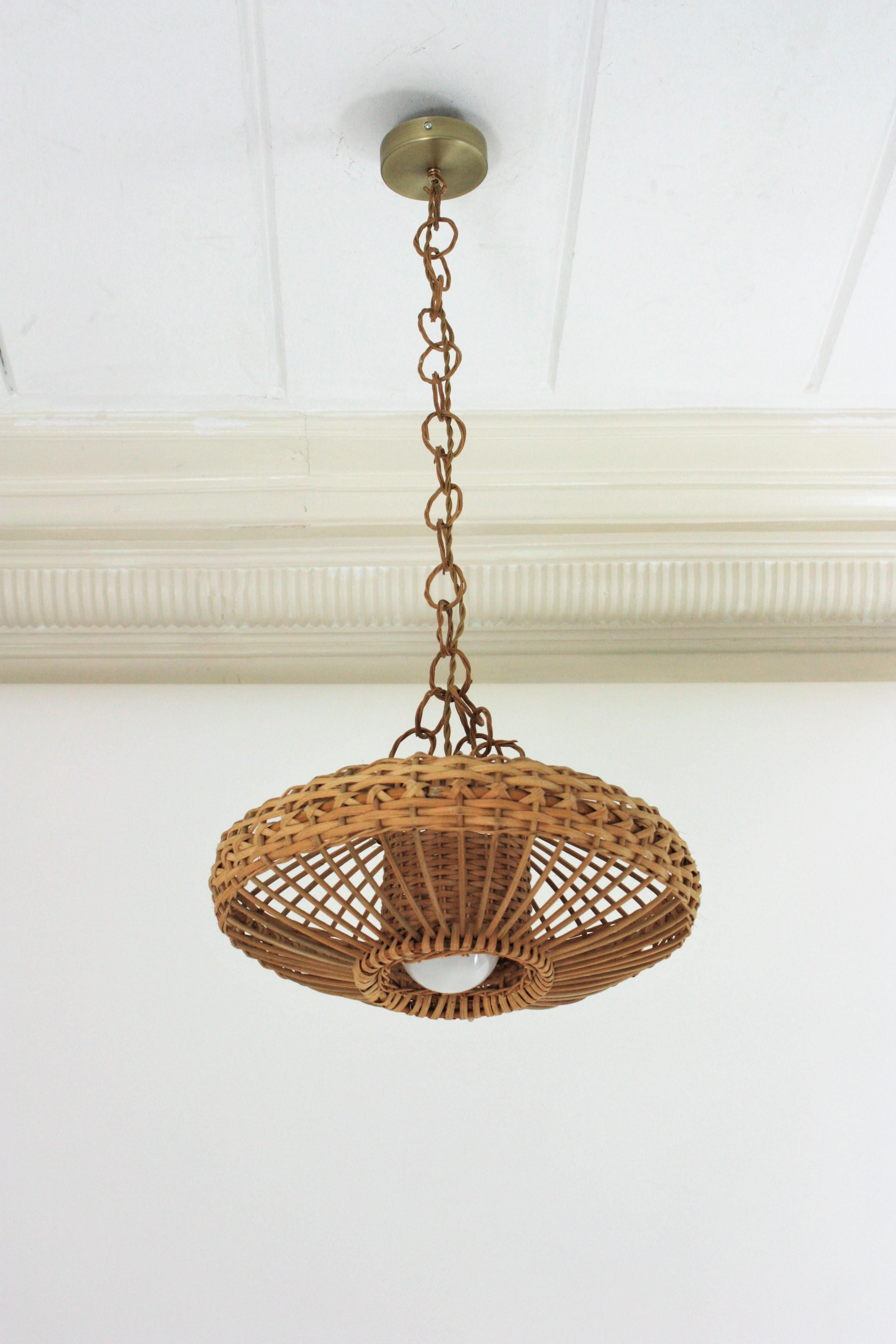 Mid-Century Modern Spanish Hand Woven Rattan Wicker Pendant Light / Lantern For Sale