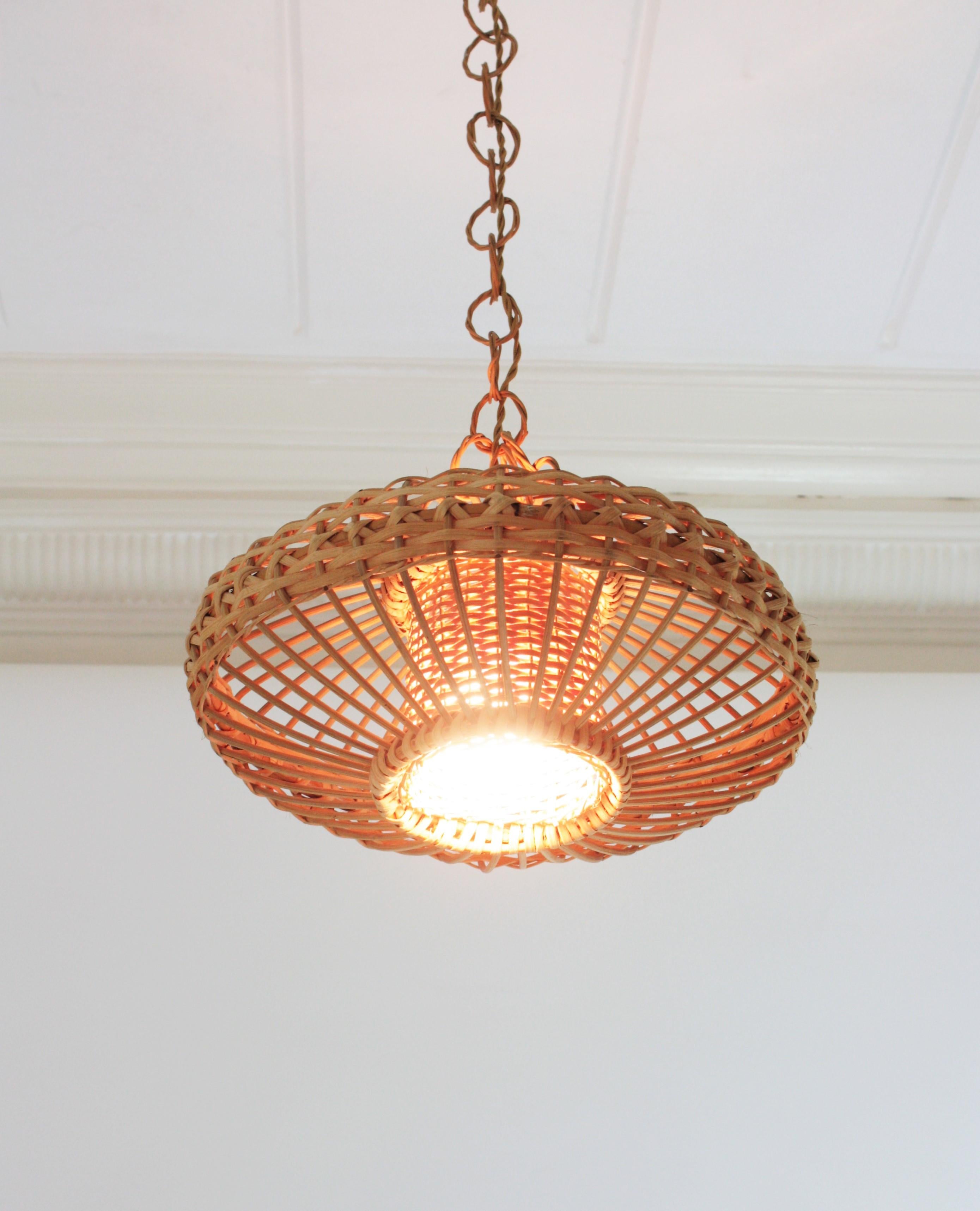 Hand-Crafted Spanish Hand Woven Rattan Wicker Pendant Light / Lantern For Sale