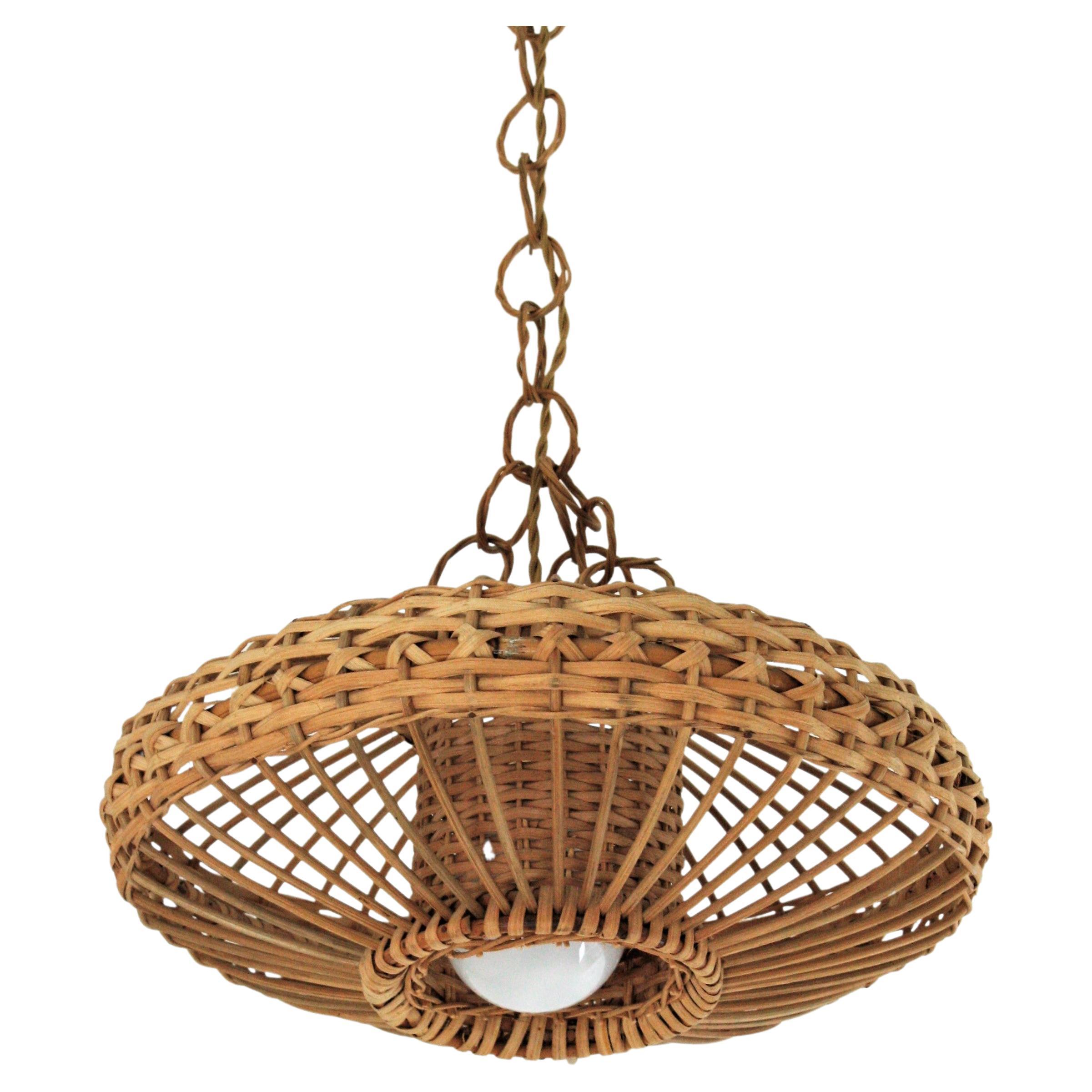 Spanish Hand Woven Rattan Wicker Pendant Light / Lantern For Sale