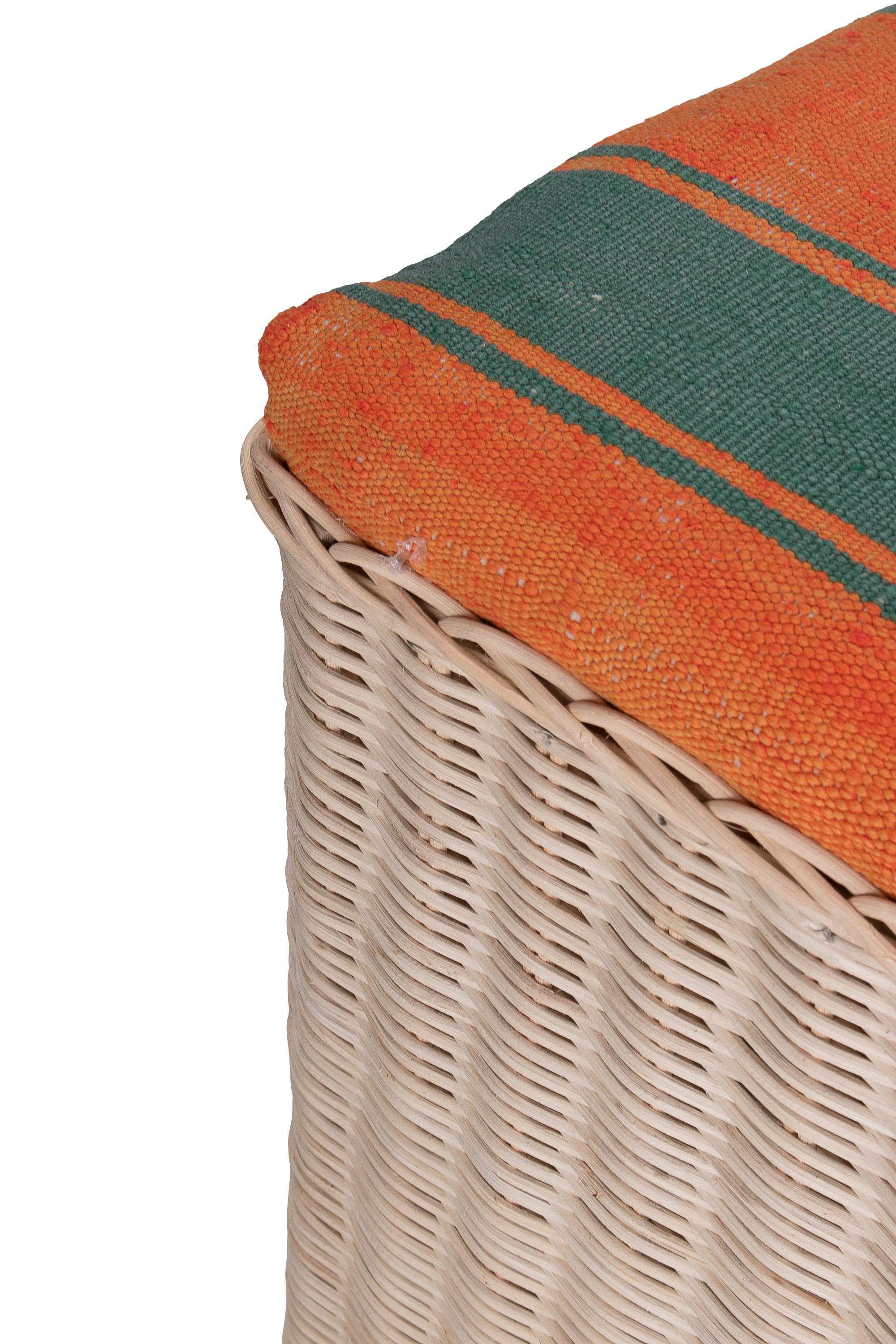 Spanish Hand Woven Wicker Bench w/ Fabric Upholstered Seat 6
