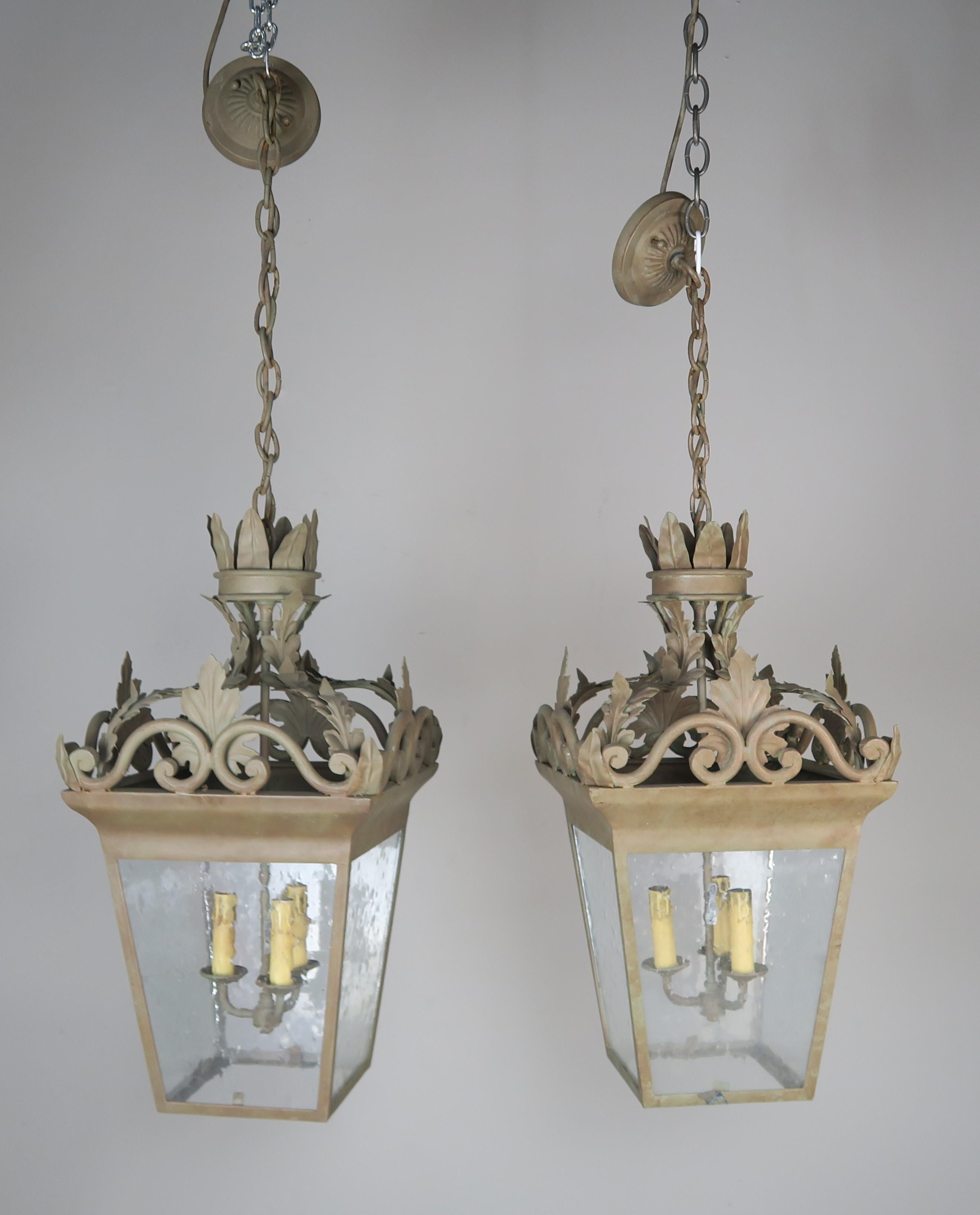 Spanish Hand-Wrought Iron Lanterns with Pitted Glass, Pair 7