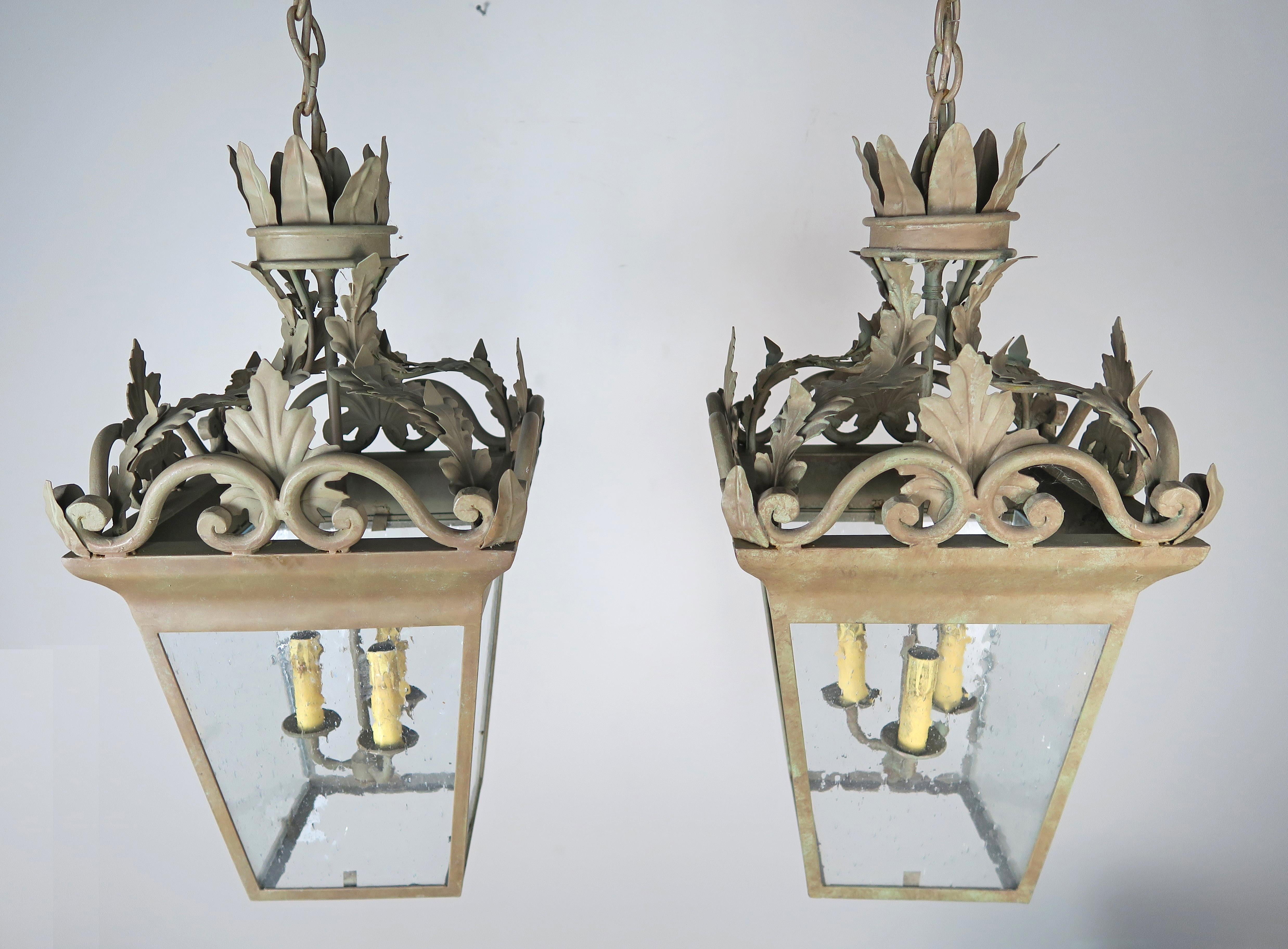 Baroque Spanish Hand-Wrought Iron Lanterns with Pitted Glass, Pair