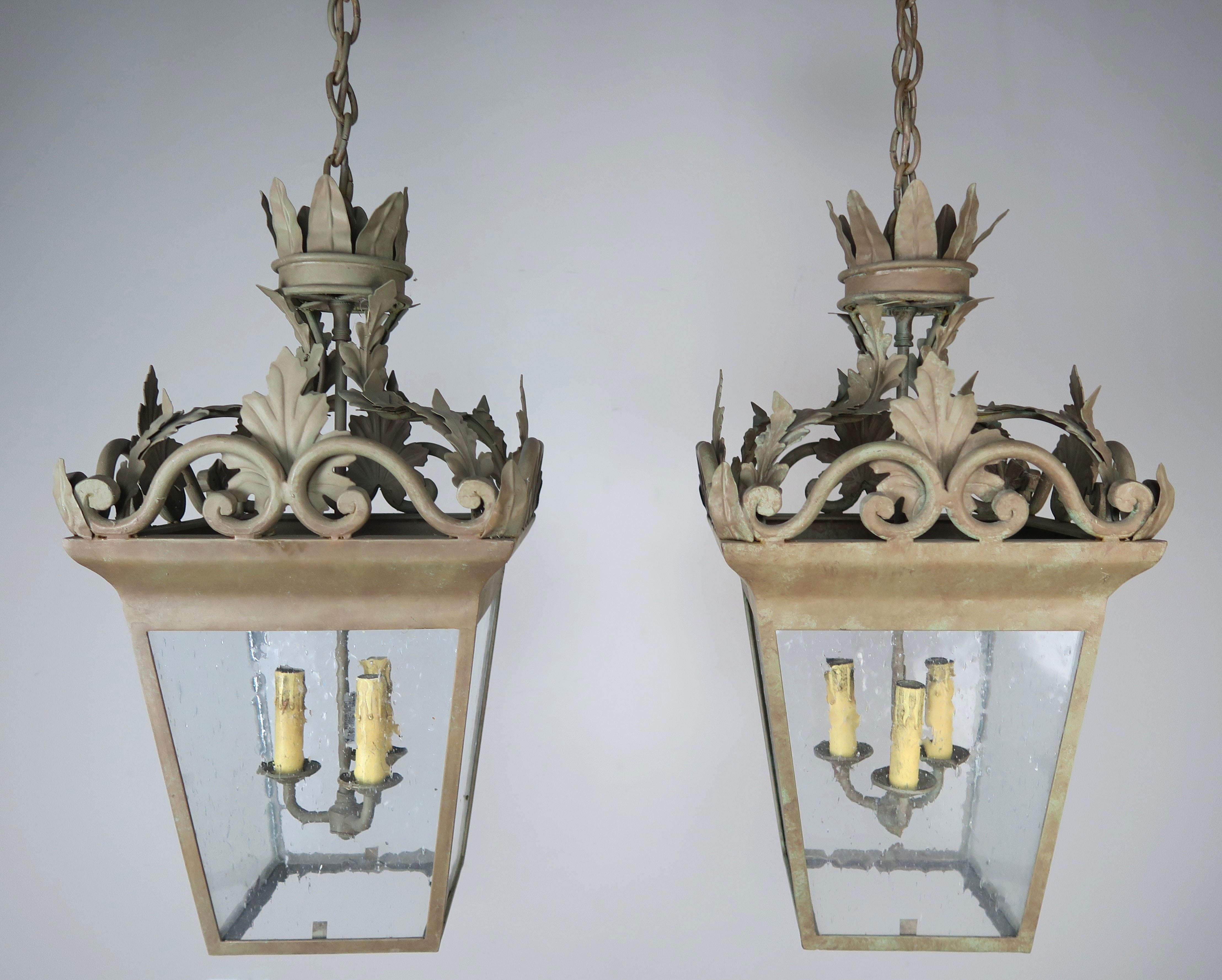 Baroque Spanish Hand-Wrought Iron Lanterns with Pitted Glass, Pair