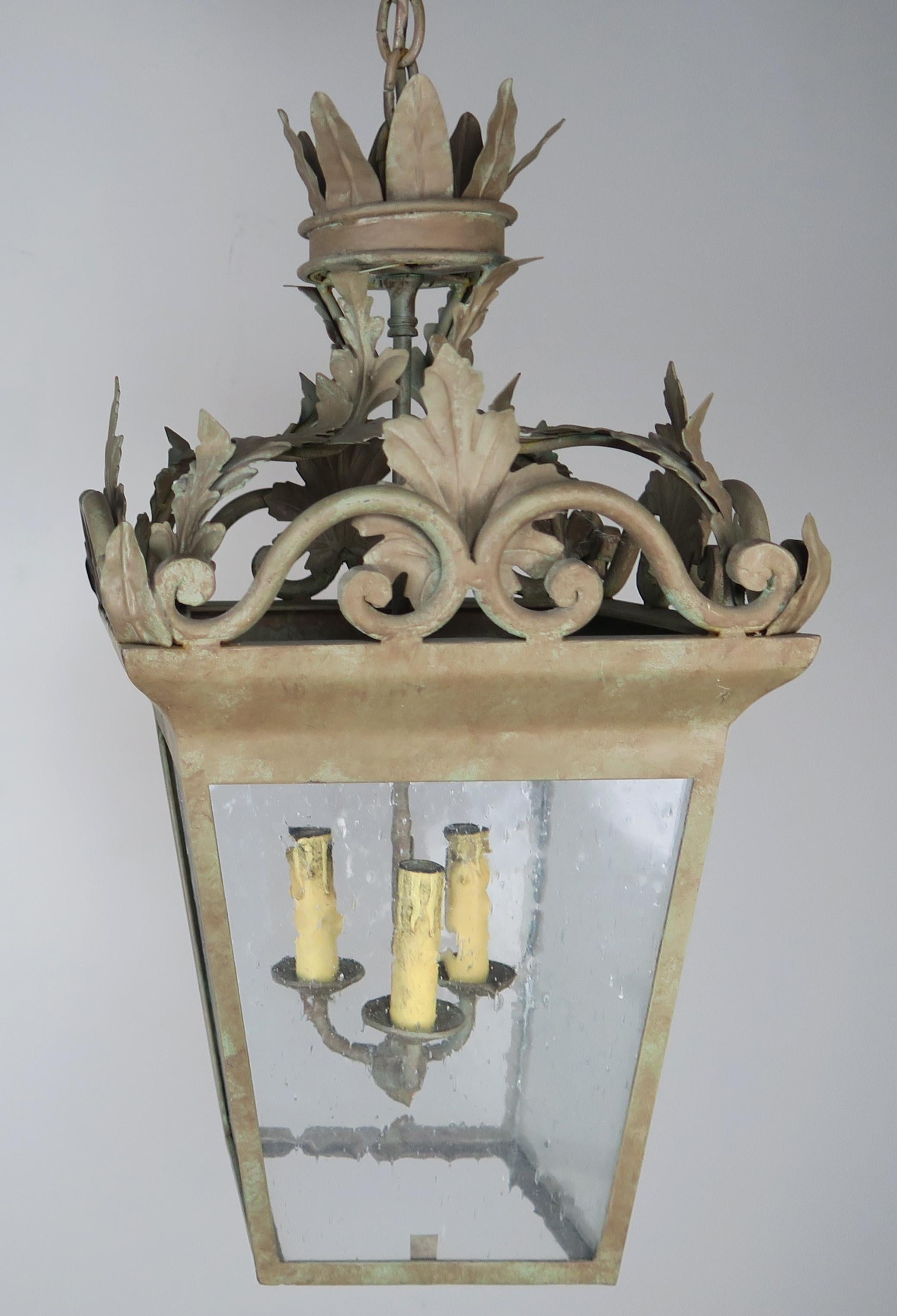 Mid-20th Century Spanish Hand-Wrought Iron Lanterns with Pitted Glass, Pair