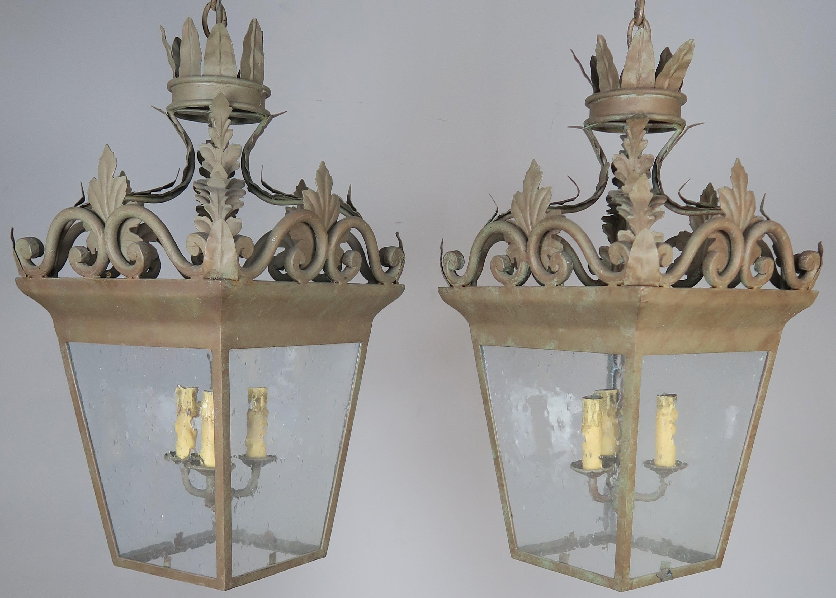 Spanish Hand-Wrought Iron Lanterns with Pitted Glass, Pair 3