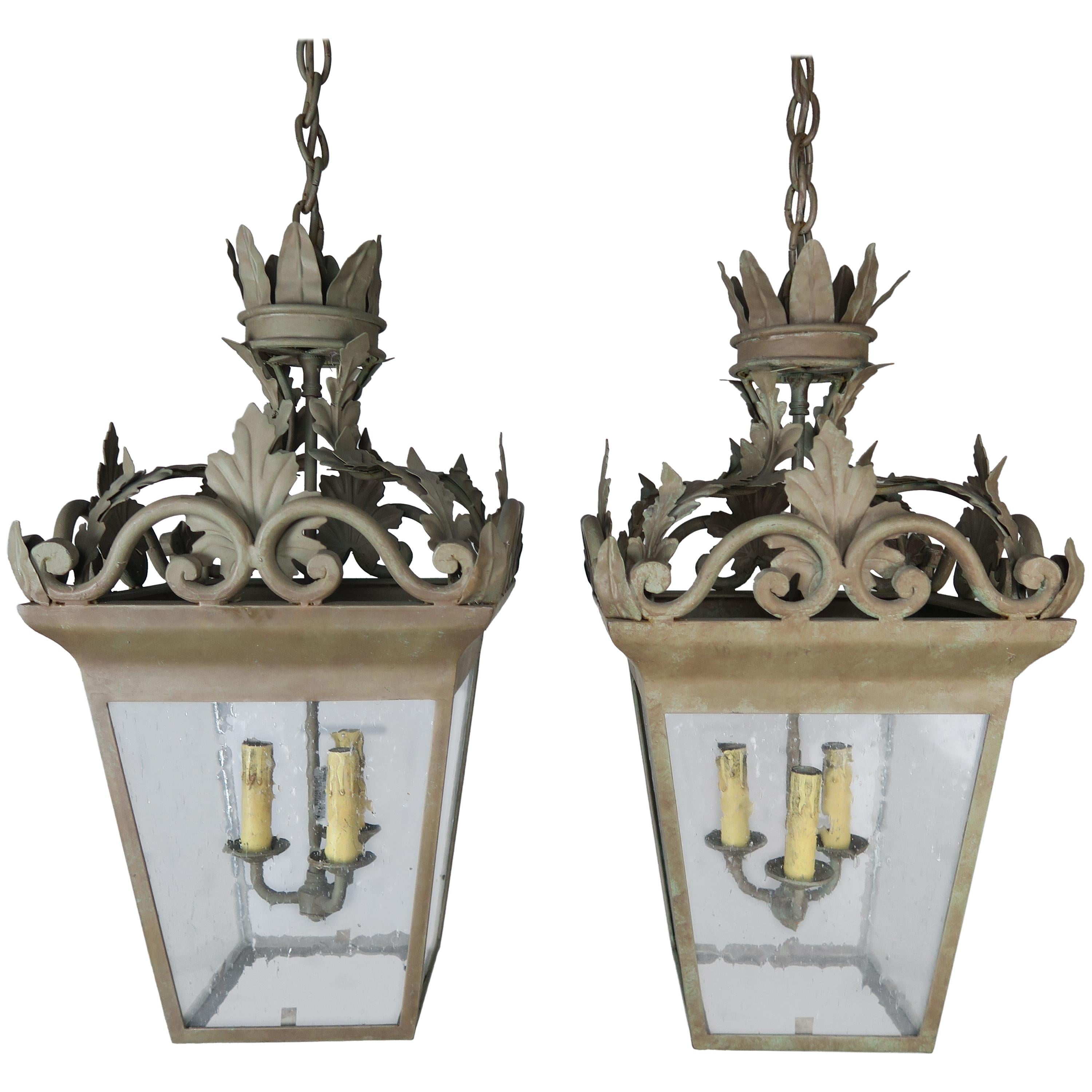 Spanish Hand-Wrought Iron Lanterns with Pitted Glass, Pair