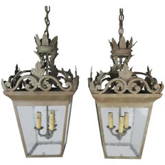 Vintage Spanish Hand-Wrought Iron Lanterns with Pitted Glass, Pair