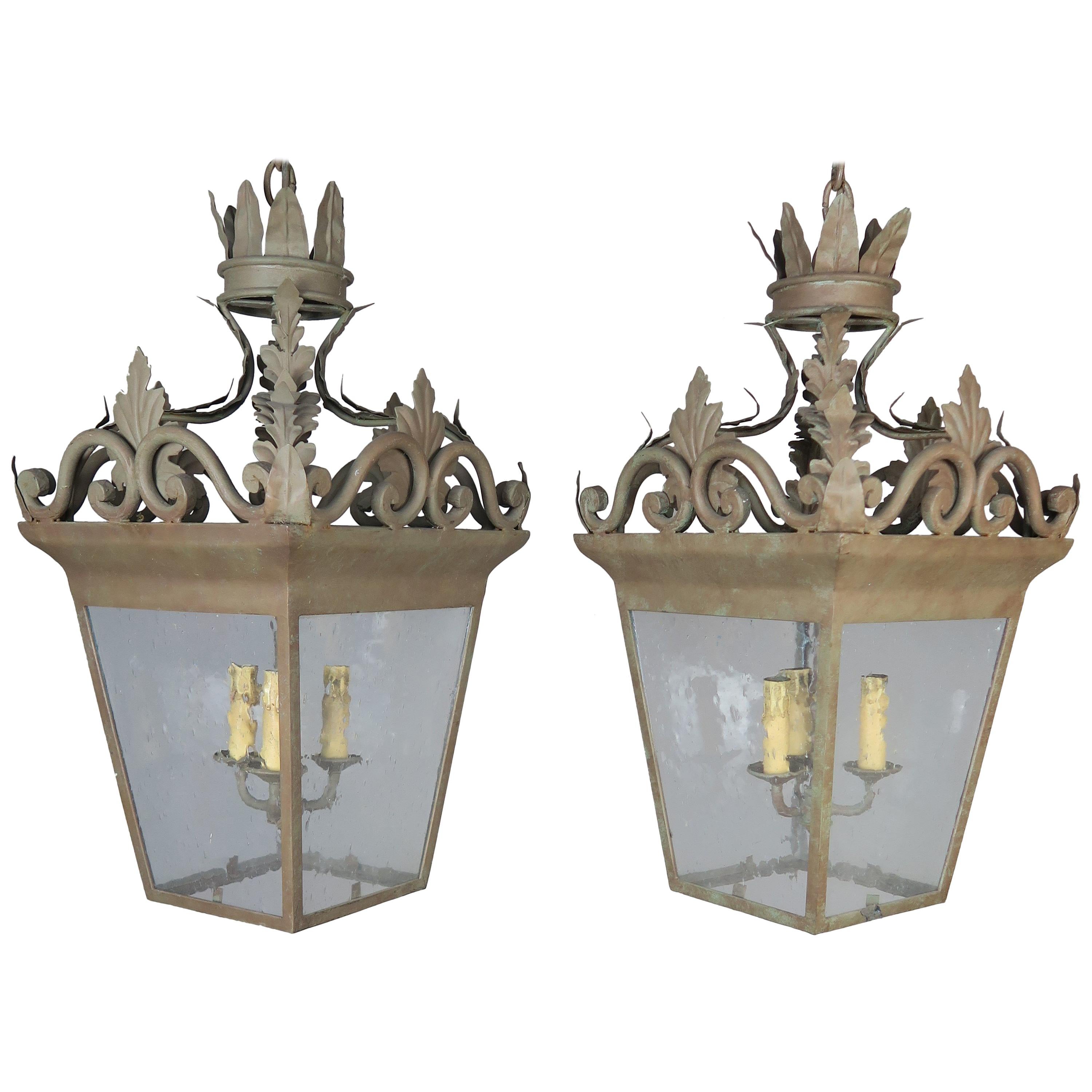 Spanish Hand-Wrought Iron Lanterns with Pitted Glass, Pair
