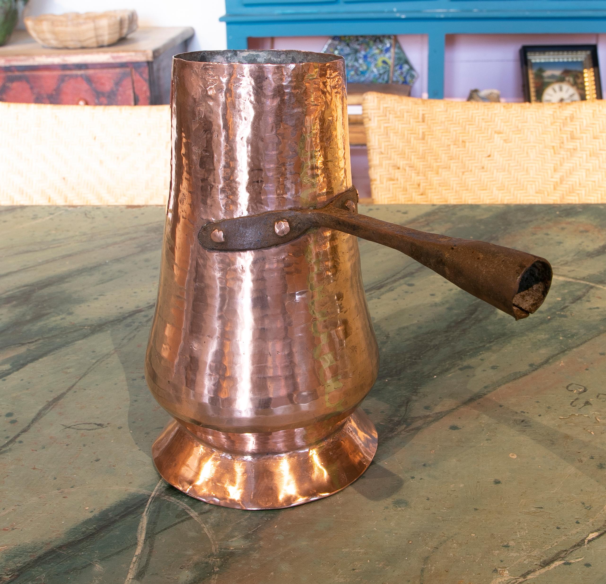 20th Century Spanish Handmade Brass Pitcher with Handle for Kitchen For Sale