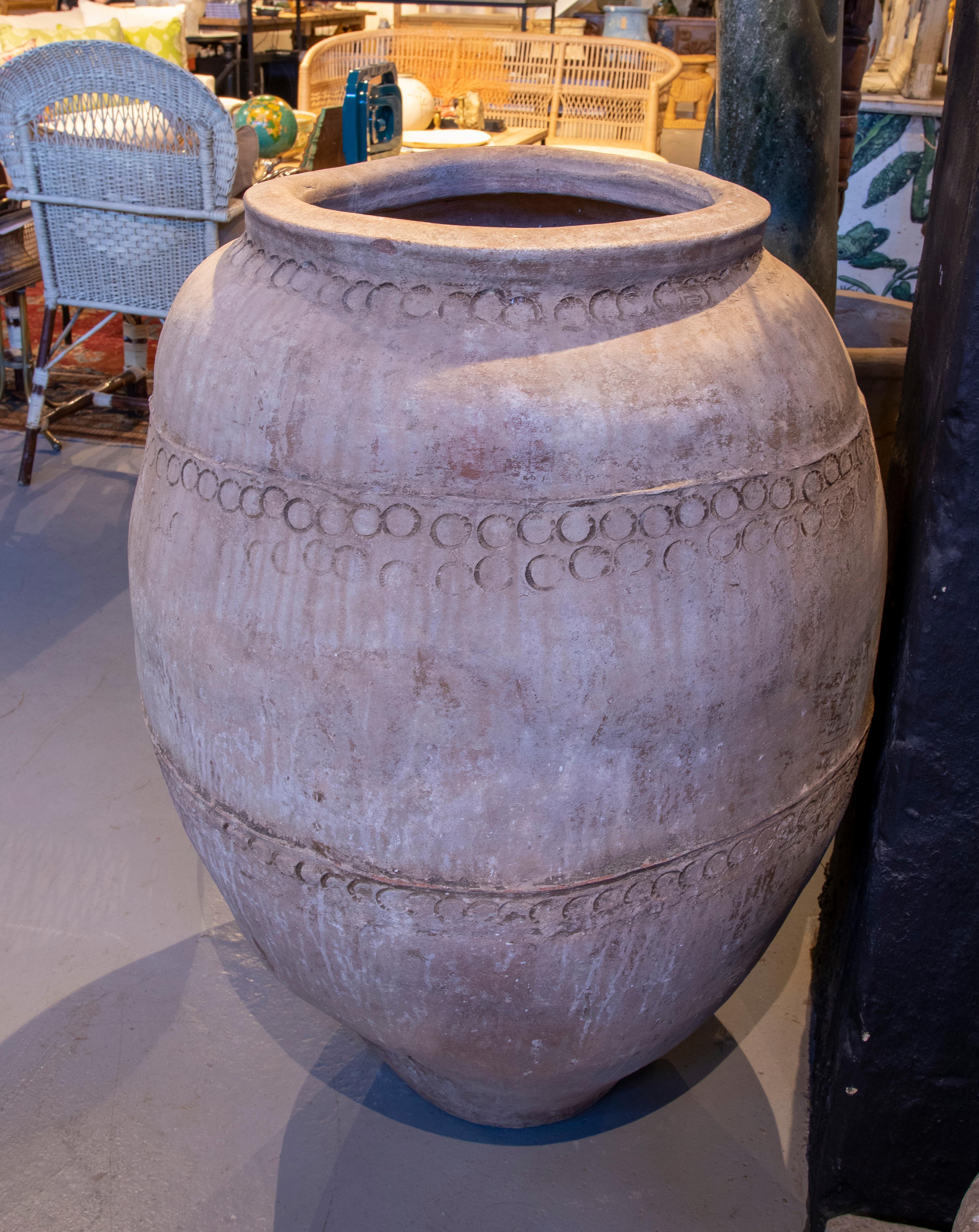 19th Century Spanish Handmade Ceramic Jar with Decorative Borders