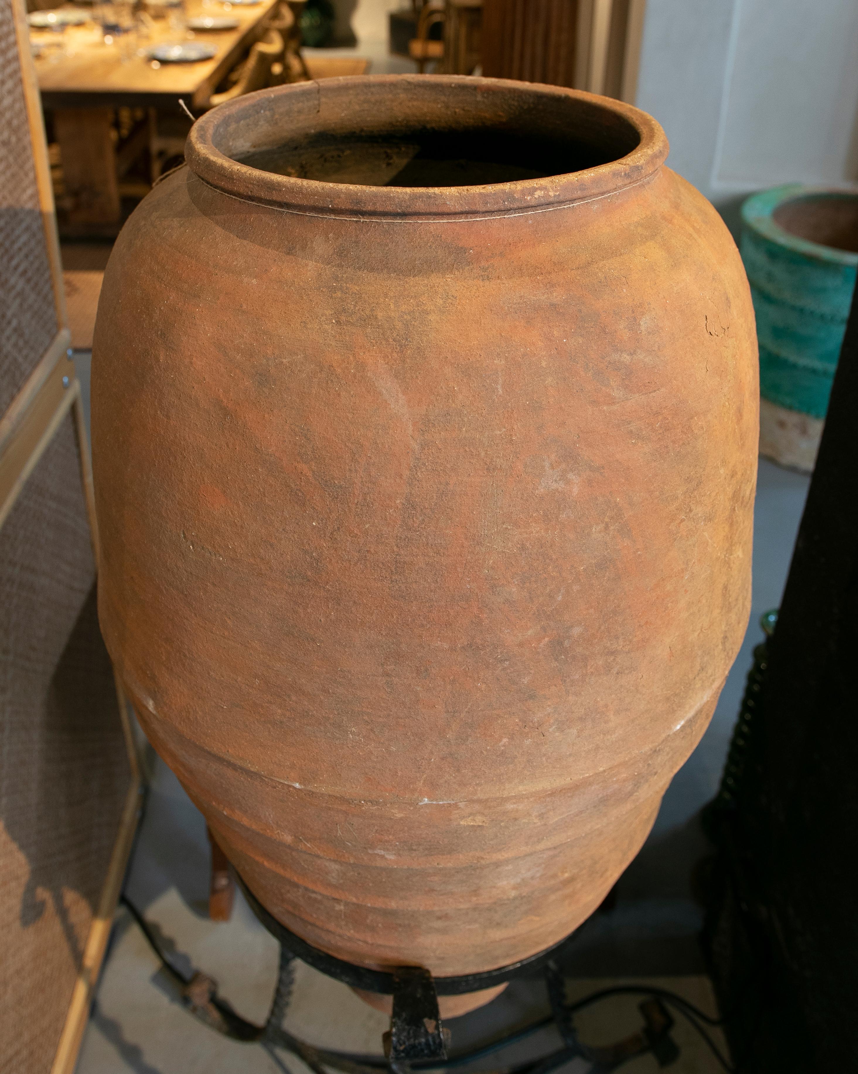Spanish Handmade Ceramic Jar with Iron Base For Sale 2
