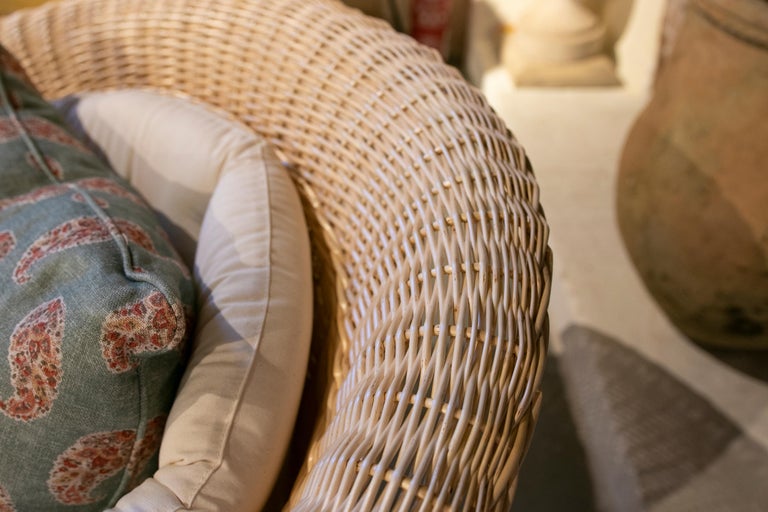 Spanish Handmade Wicker Chaise Longue with White Upholstery For Sale at