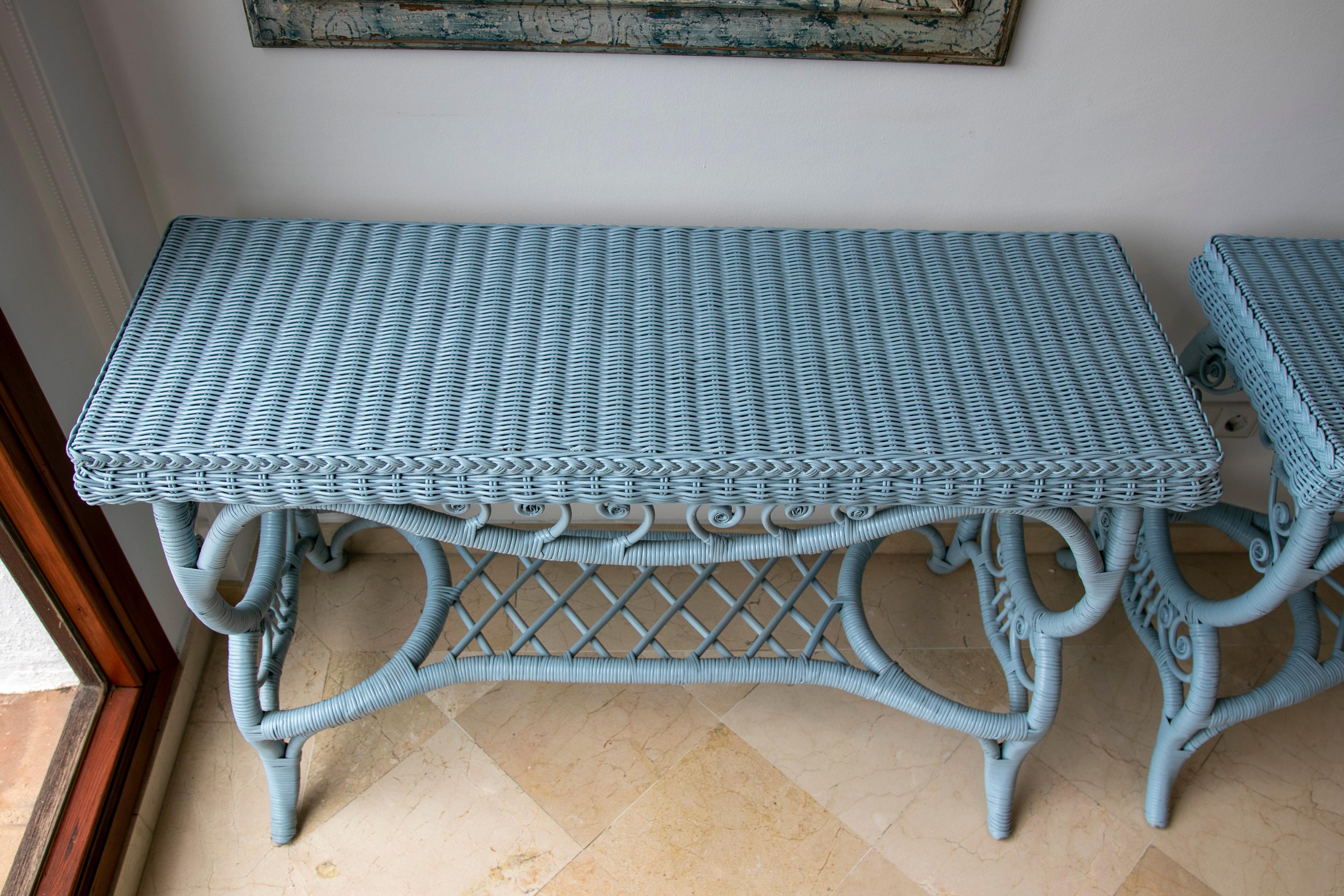 Spanish Handmade Wicker Console Lacquered in Blue Colour For Sale 10