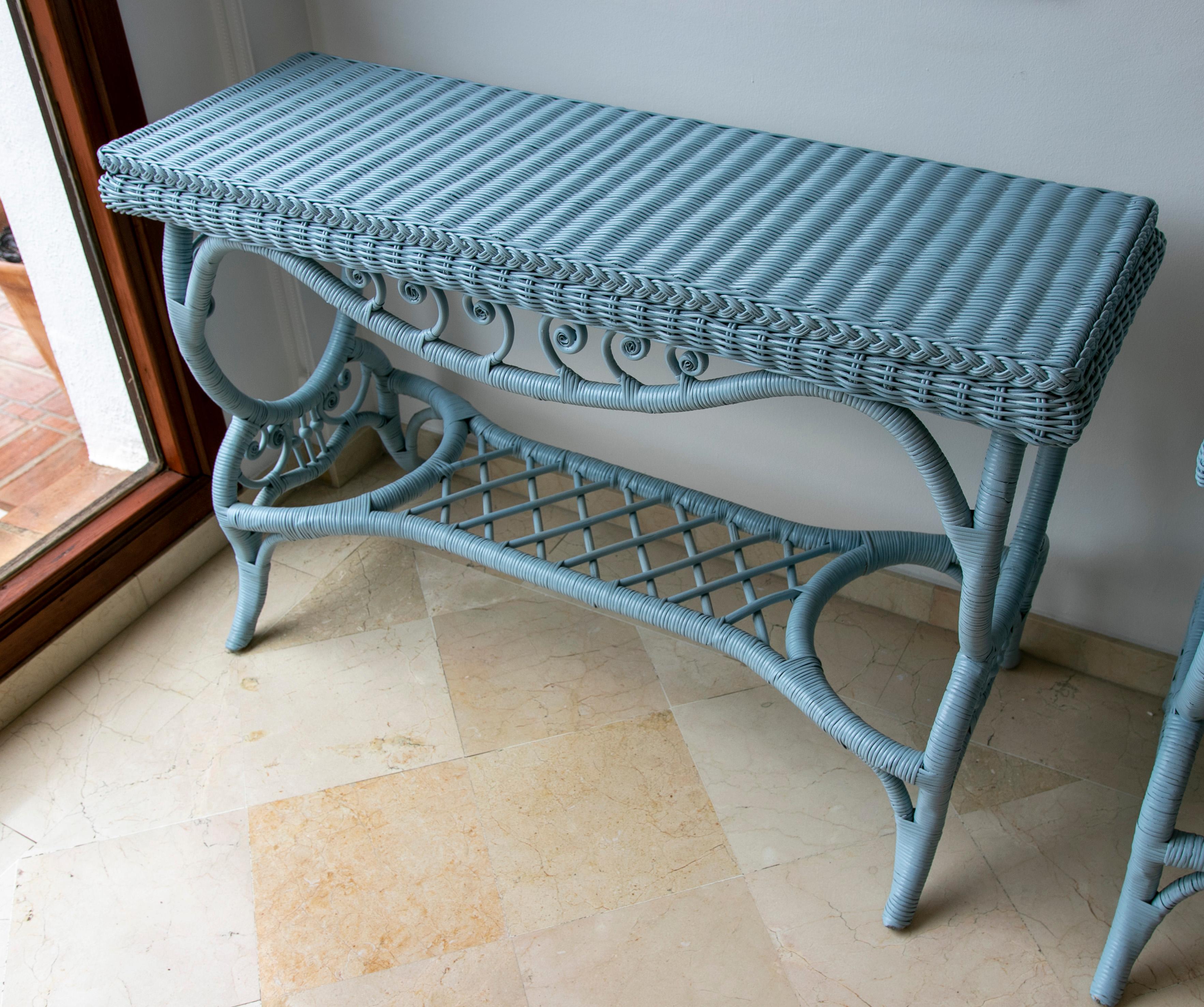 Contemporary Spanish Handmade Wicker Console Lacquered in Blue Colour For Sale