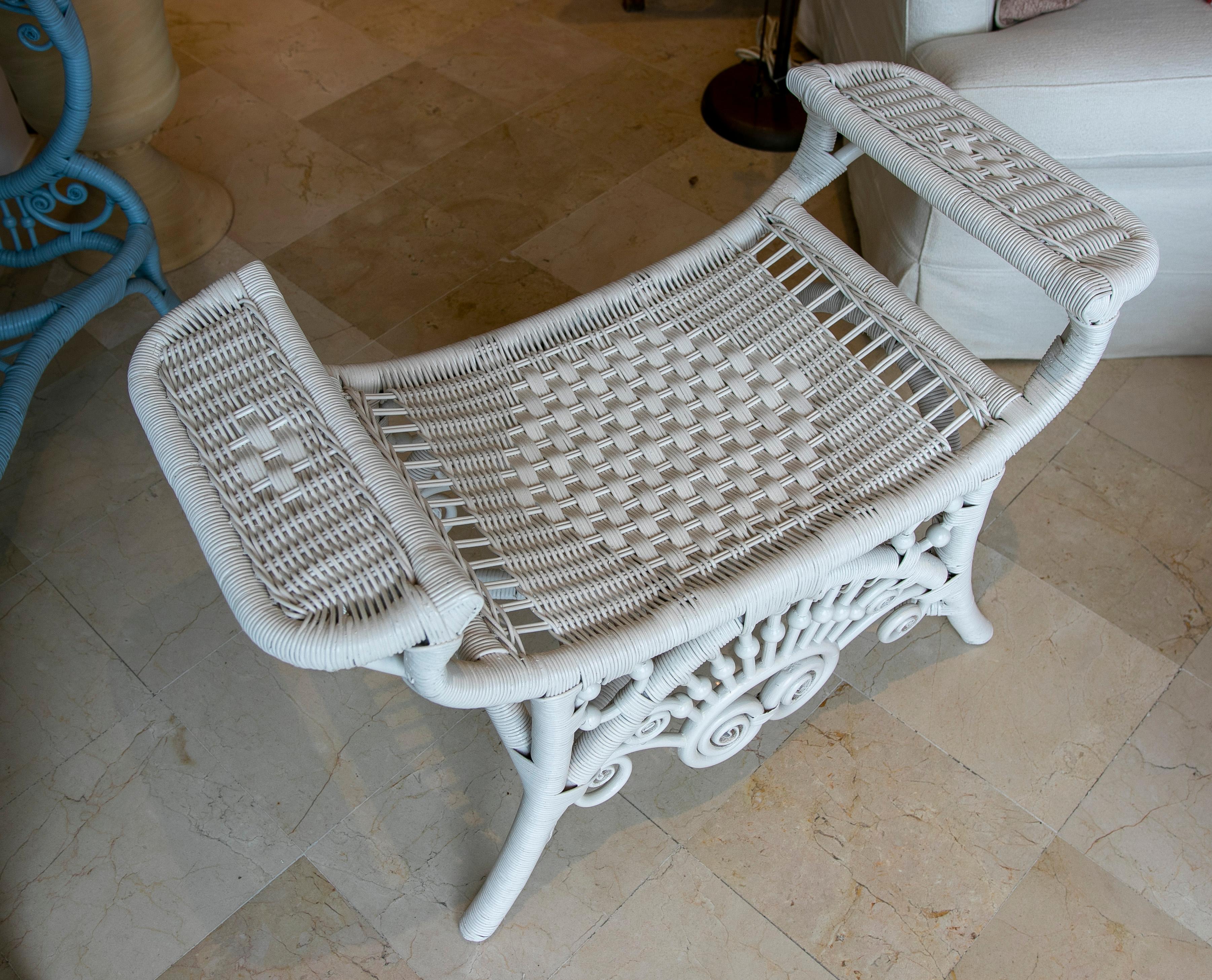 Contemporary Spanish Handmade Wicker Stool Lacquered in White Colour For Sale