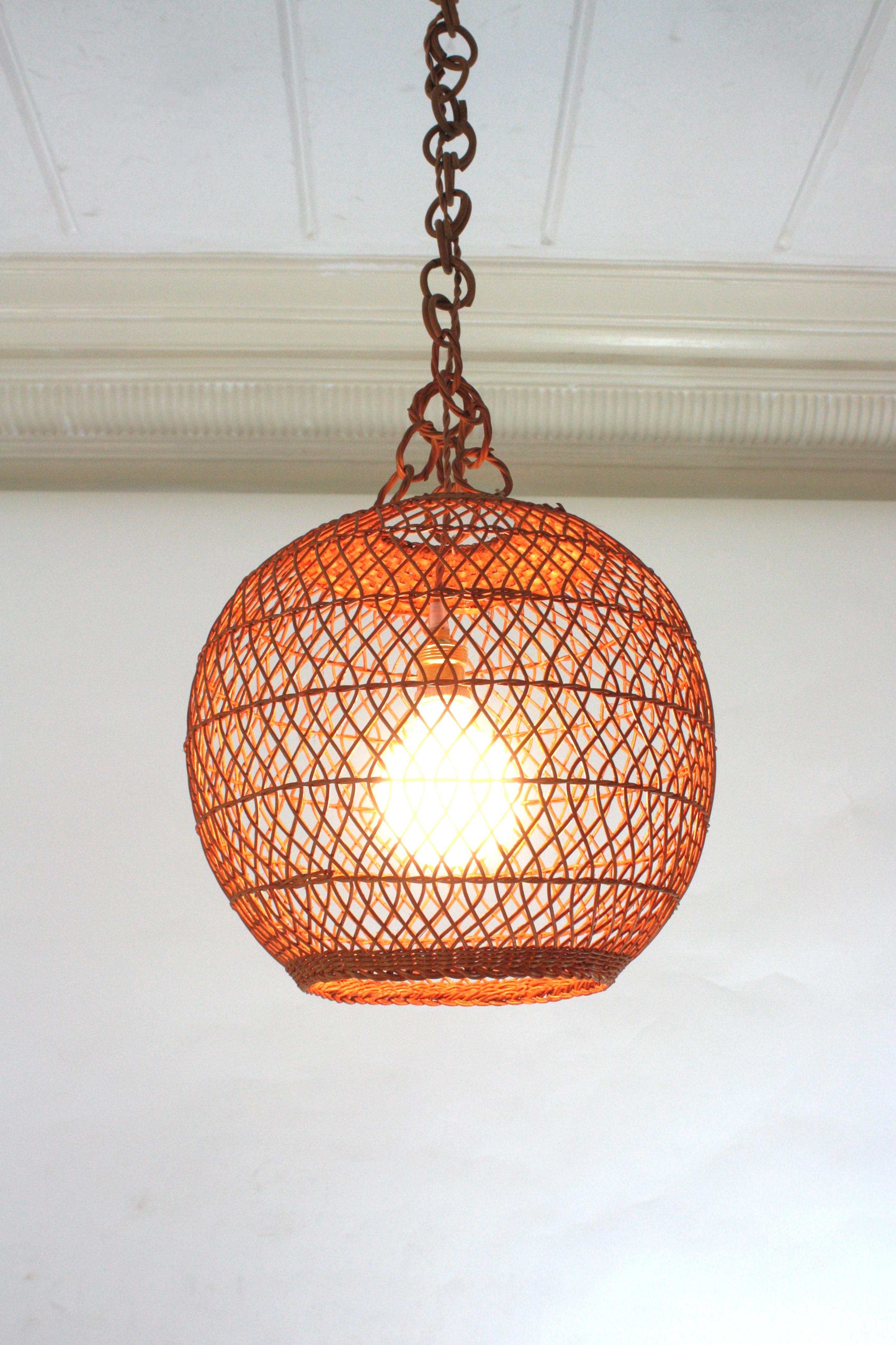 Spanish Handwoven Wicker Rattan Globe Pendant Light / Lantern For Sale 4