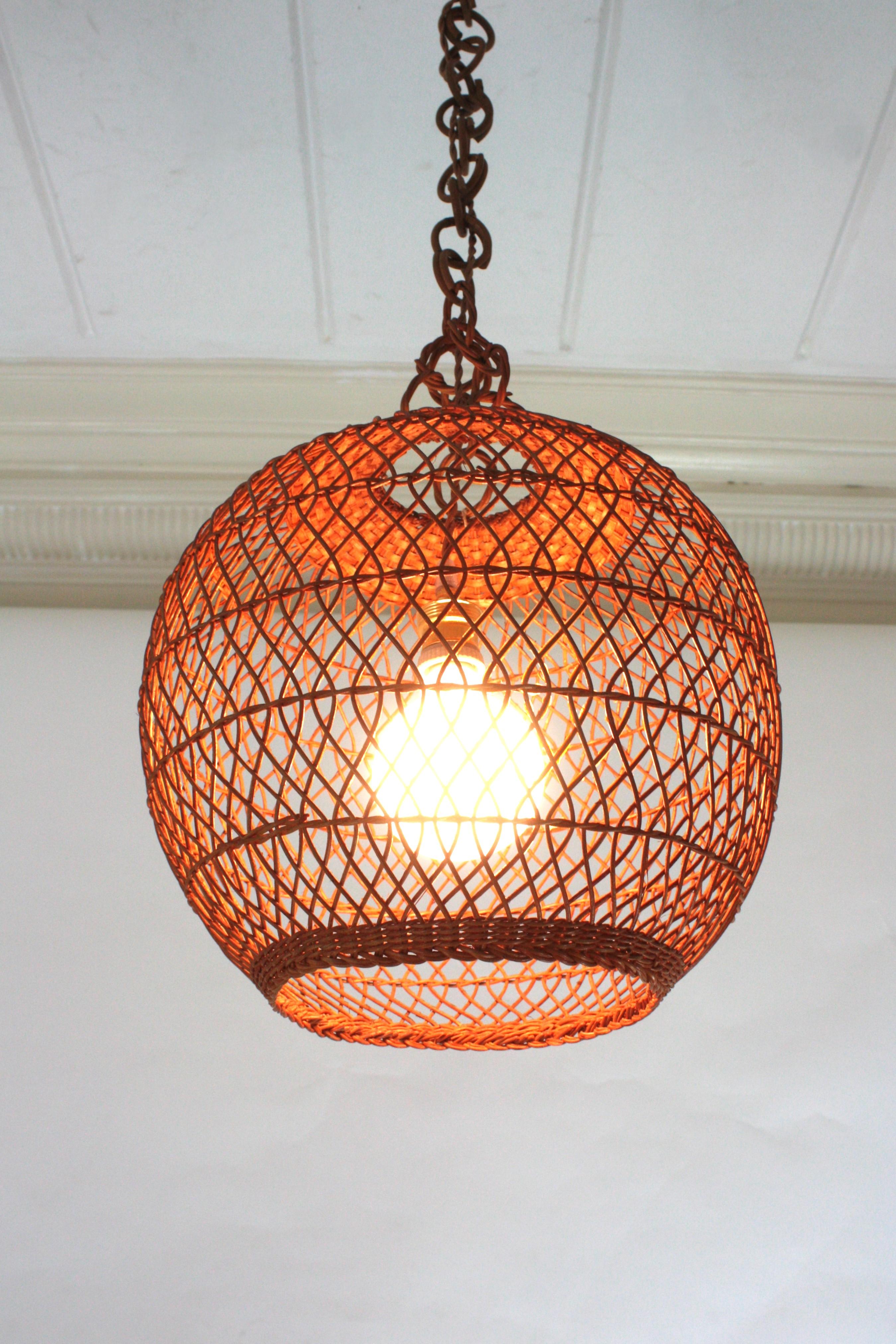 Spanish Handwoven Wicker Rattan Globe Pendant Light / Lantern For Sale 5
