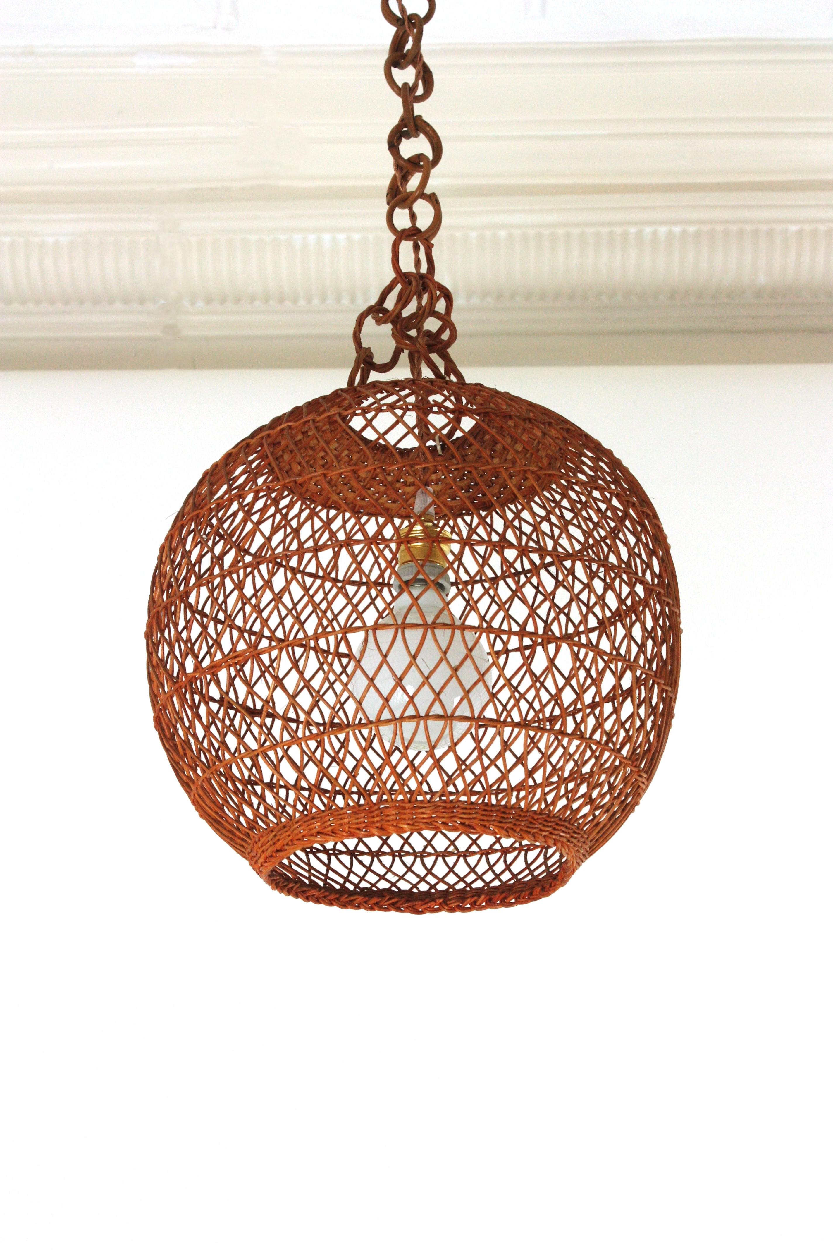 Spanish Handwoven Wicker Rattan Globe Pendant Light / Lantern For Sale 6