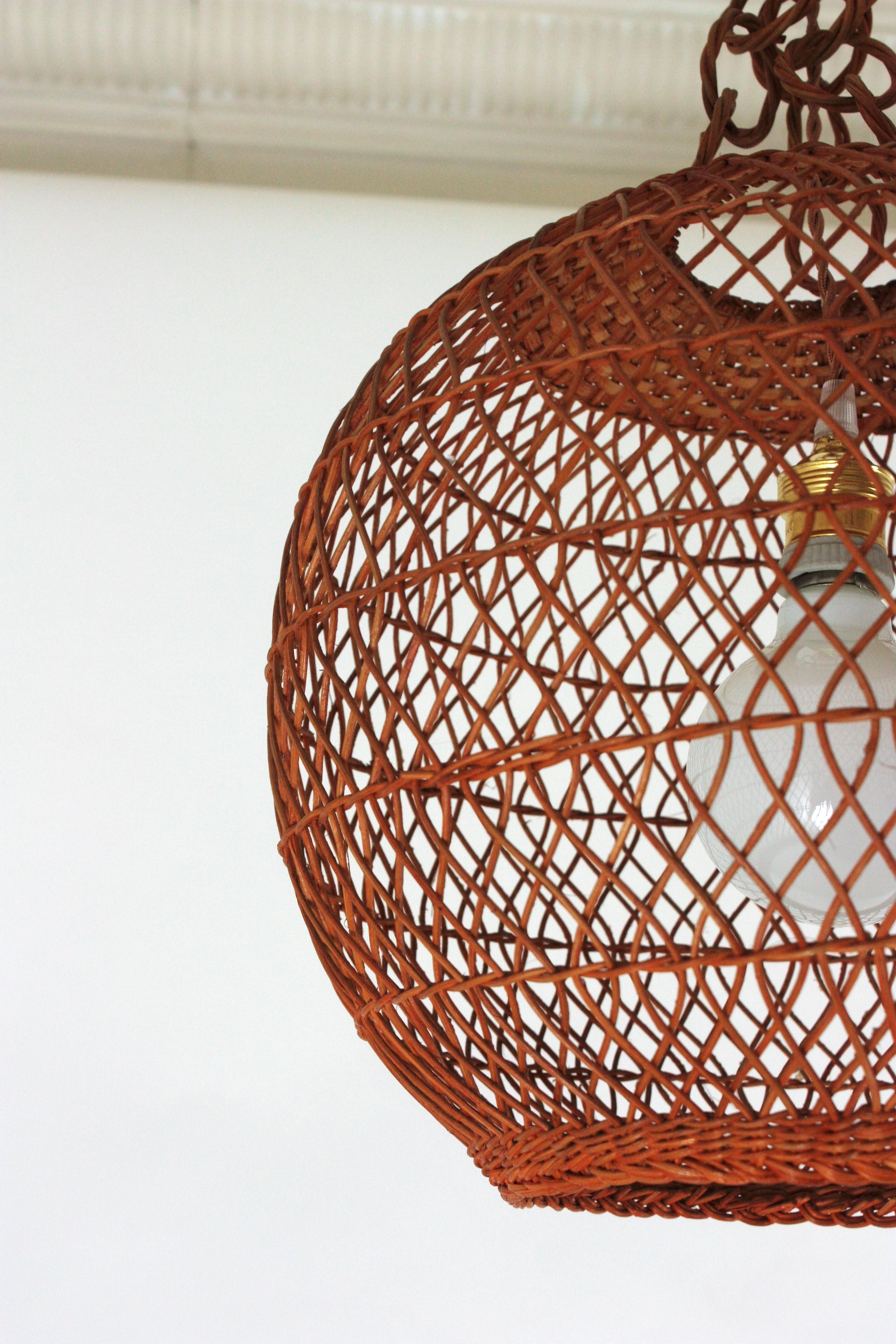 Spanish Handwoven Wicker Rattan Globe Pendant Light / Lantern For Sale 9