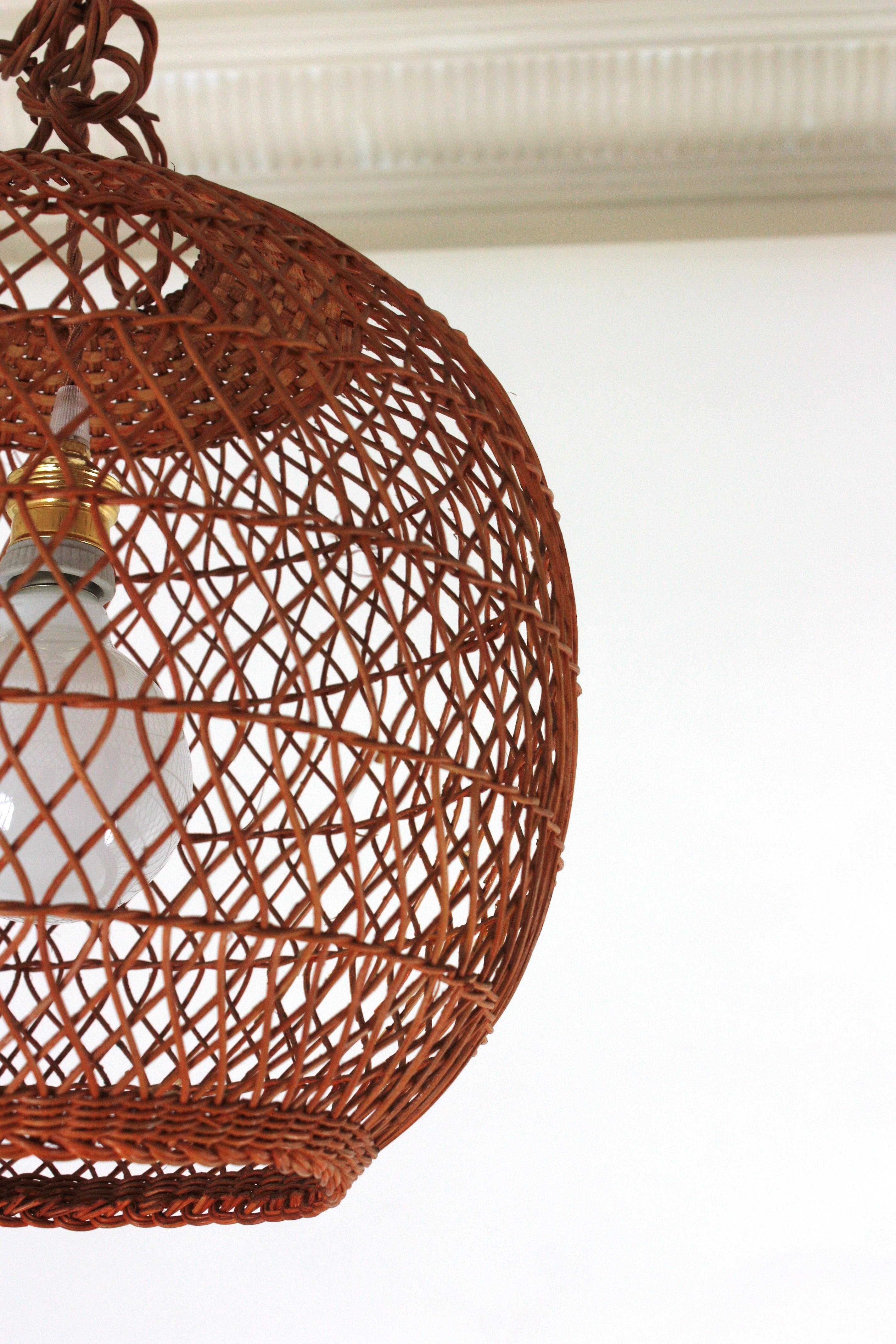 Spanish Handwoven Wicker Rattan Globe Pendant Light / Lantern For Sale 10