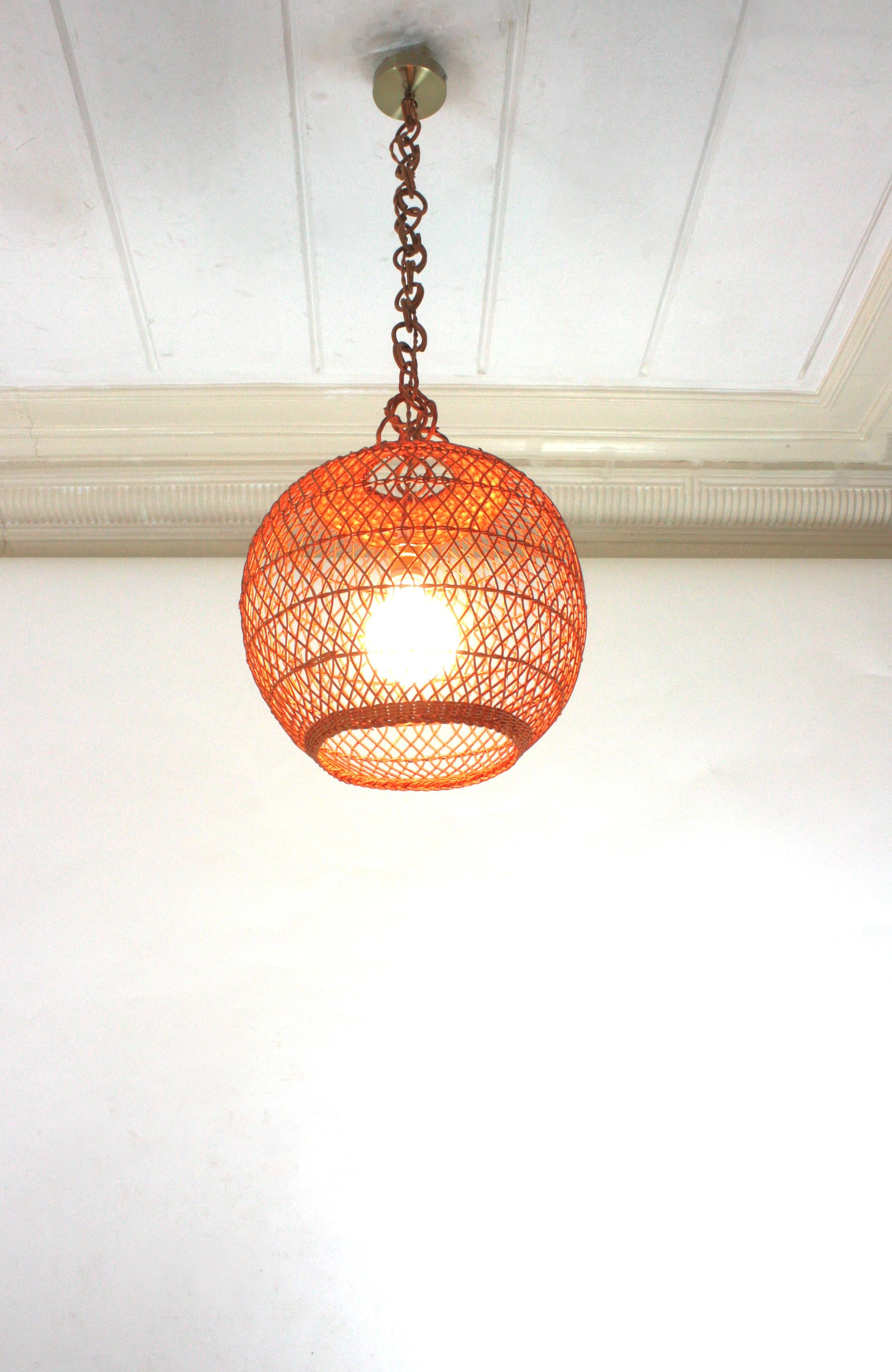 Spanish Handwoven Wicker Rattan Globe Pendant Light / Lantern For Sale 12