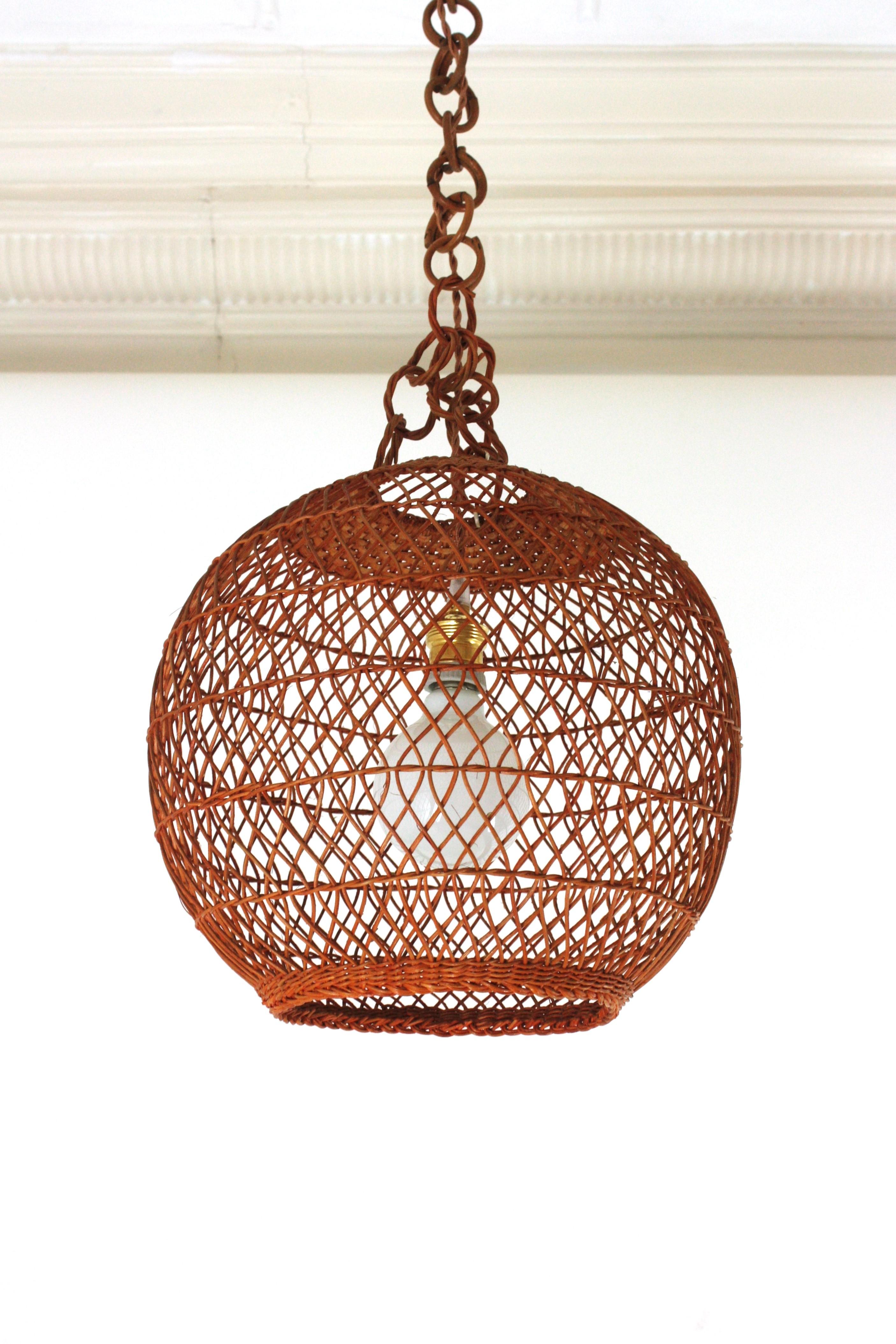 Mid-Century Modern Spanish Handwoven Wicker Rattan Globe Pendant Light / Lantern For Sale