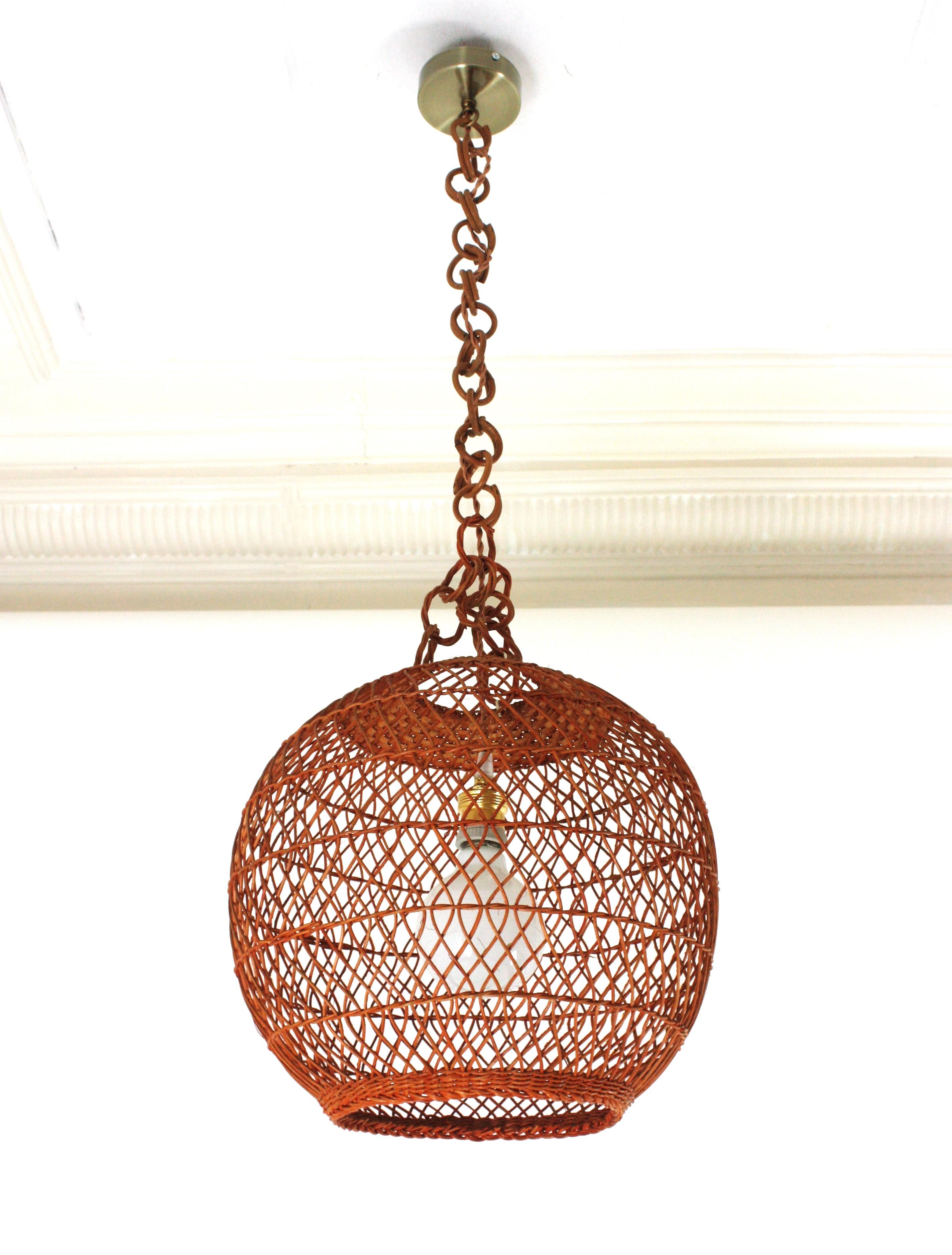 Woven Spanish Handwoven Wicker Rattan Globe Pendant Light / Lantern For Sale