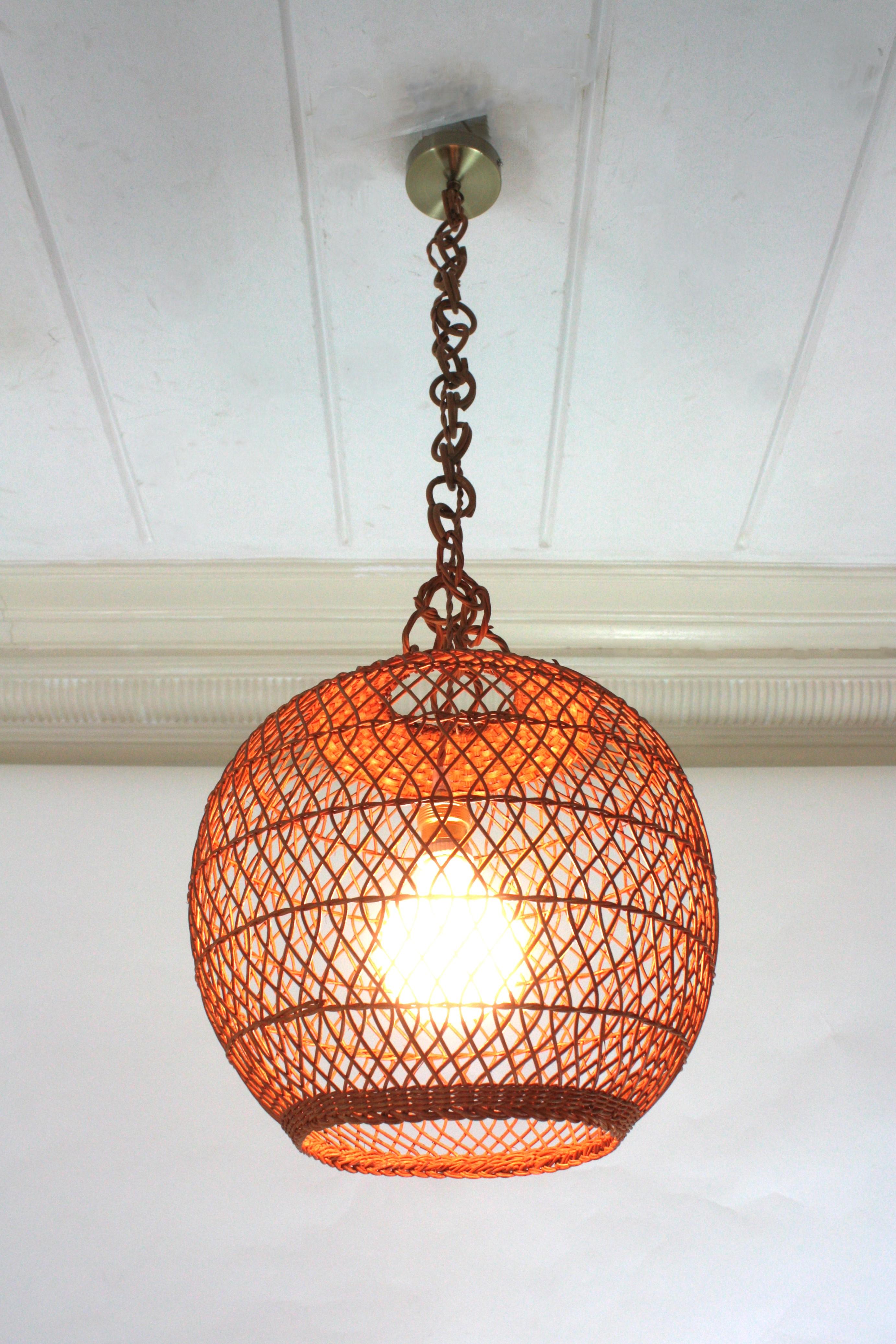 20th Century Spanish Handwoven Wicker Rattan Globe Pendant Light / Lantern For Sale