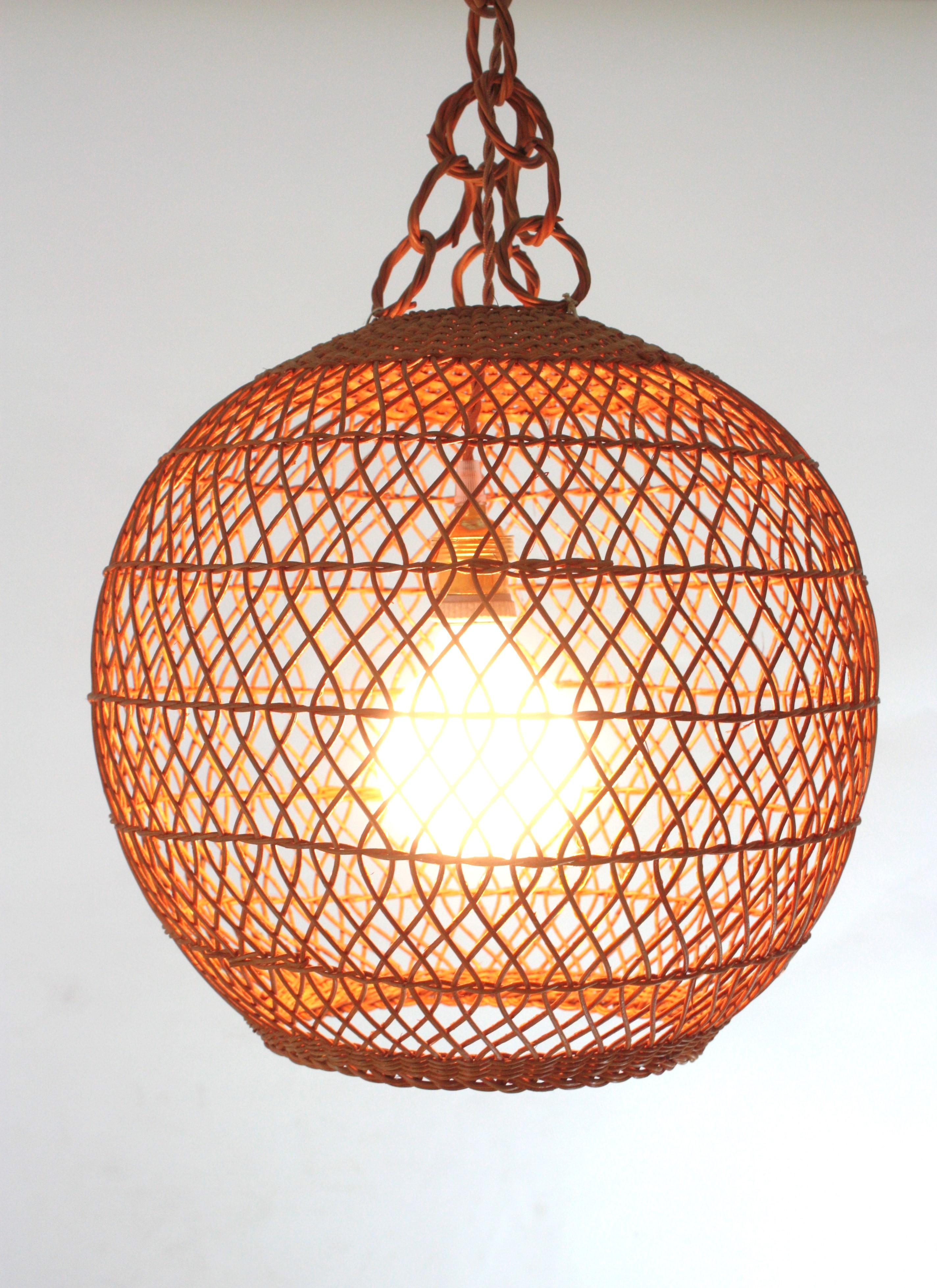Spanish Handwoven Wicker Rattan Globe Pendant Light / Lantern For Sale 2
