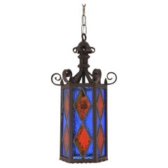 Spanish Hexagonal Lantern in Iron and Orange Blue Glasses