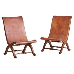 Spanish High-Back Leather + Oak Slipper Chair by Pierre Lottier, 1950s