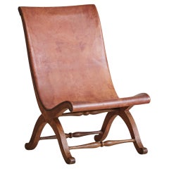 Spanish High-Back Leather + Oak Slipper Chair by Pierre Lottier, 1950s