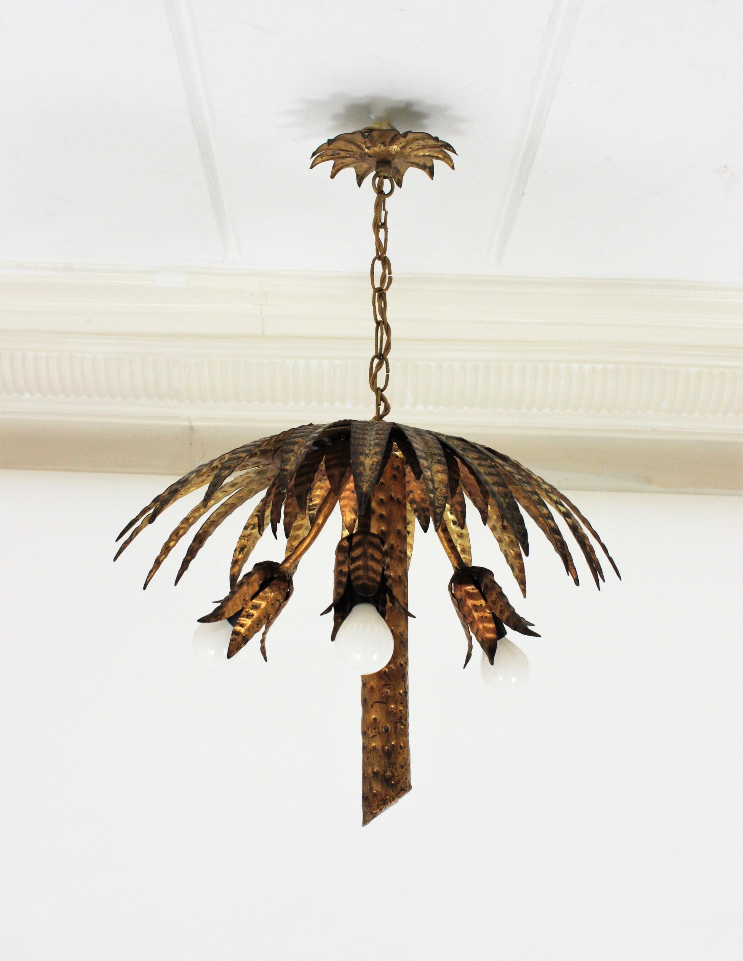 Spanish Hollywood Regency Gilt Metal Palm Tree Chandelier or Flushmount 6