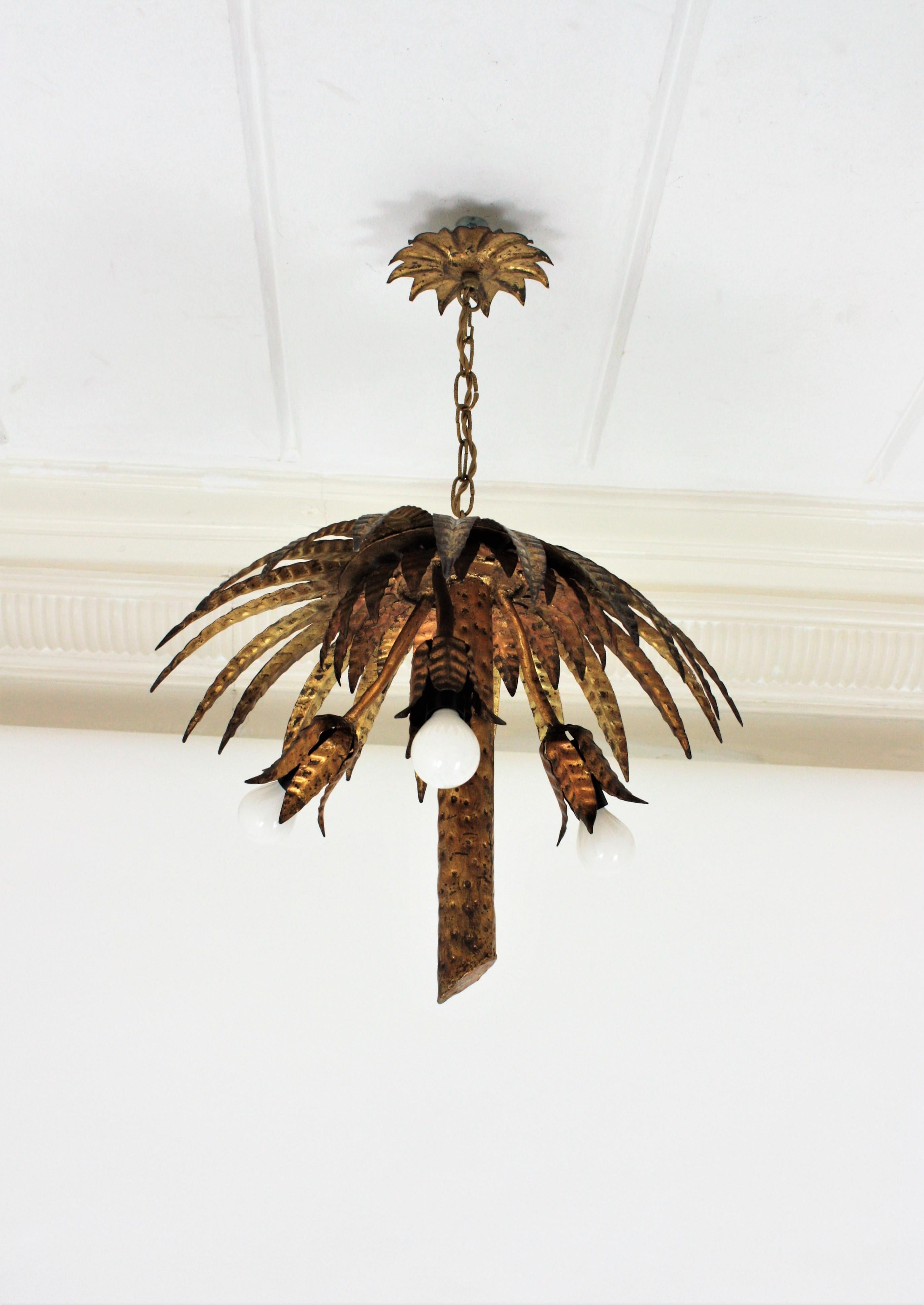 Spanish Hollywood Regency Gilt Metal Palm Tree Chandelier or Flushmount 7